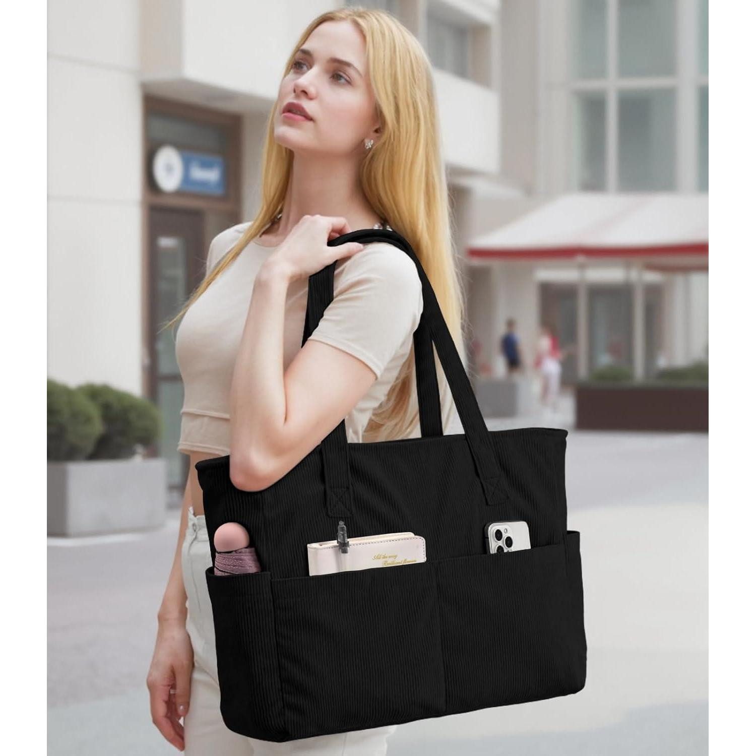 LuxusKollektion Shopper Tote Bag Cord Umhängetasche Laptopfach 17 Zoll Dame günstig online kaufen