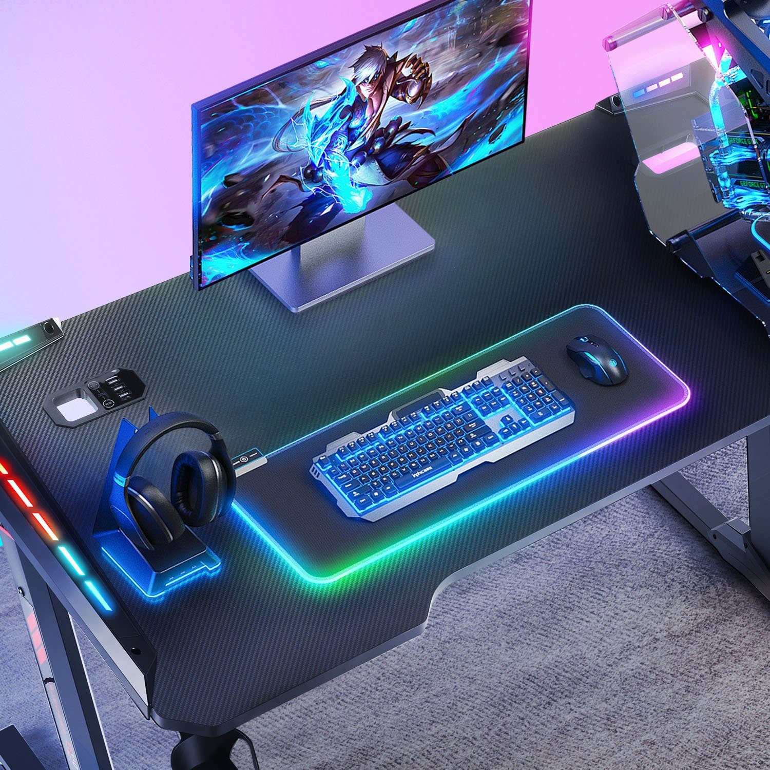 LETGOSPT Gamingtisch Gaming Schreibtisch mit Gaming und Gamingtisch Gaming Kohlefaser PC Tisch Computertisch Stabiler 120cm Oberfläche, LED, mit Getränkehalter für Kopfhörerhake mit