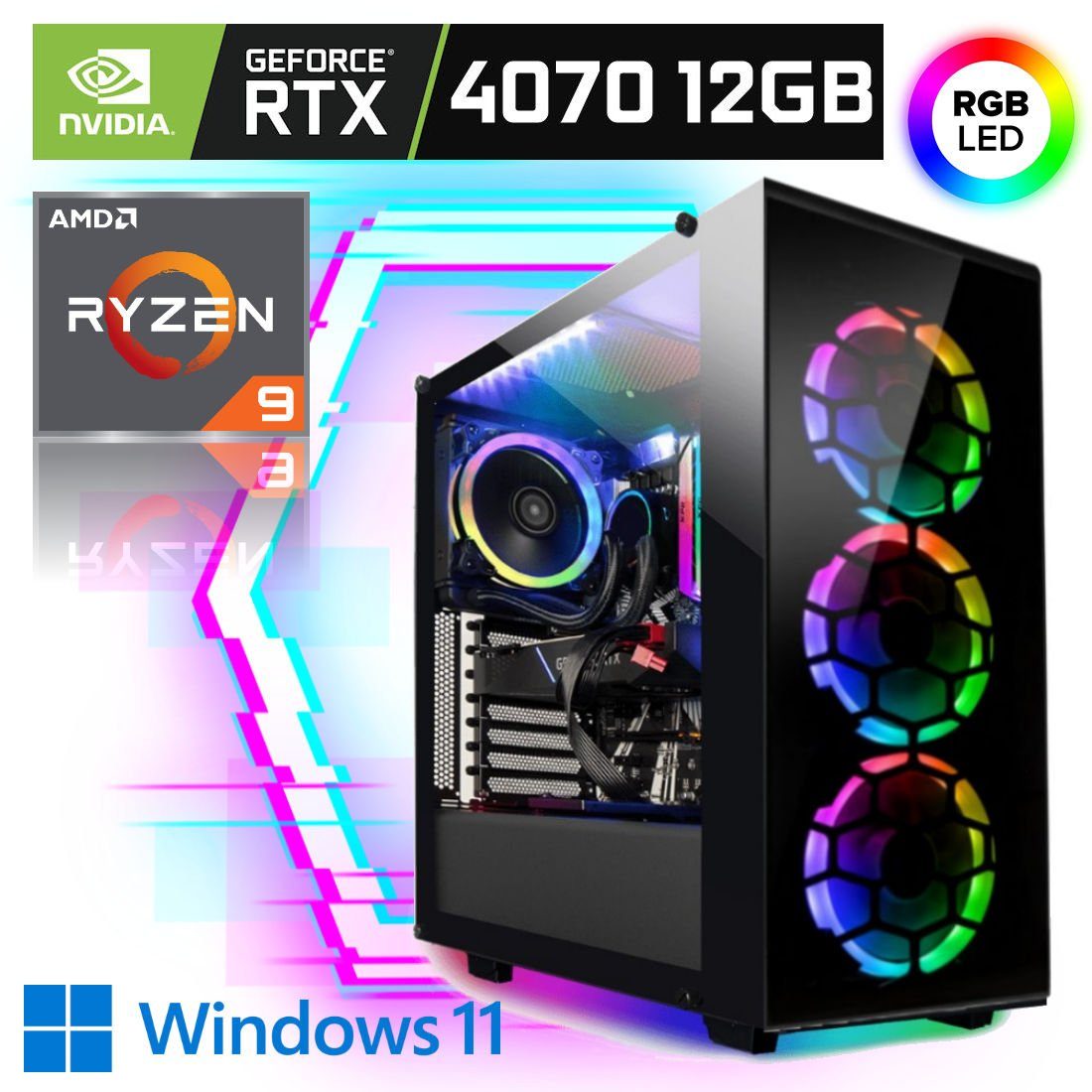 Megaport Gaming PC AMD Ryzen 7 5700X 8X 4.60GHz Turbo • Windows 11 • Nvidia  GeForce RTX4070 12GB • 16GB 3200 MHz DDR4 • 1000GB M.2 SSD • WLAN • Gamer
