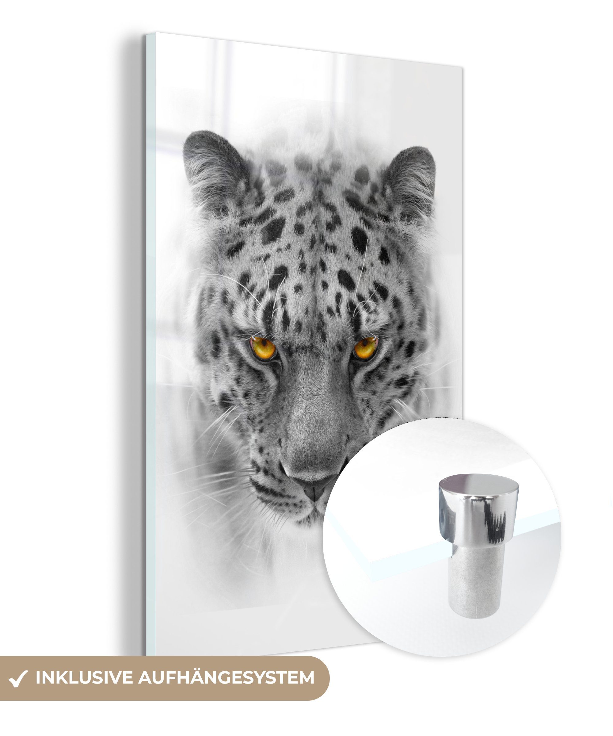 MuchoWow Acrylglasbild Leopard - Schwarz - Weiß - Tier, (1 St), Glasbilder - Bilder auf Glas Wandbild - Foto auf Glas - Wanddekoration