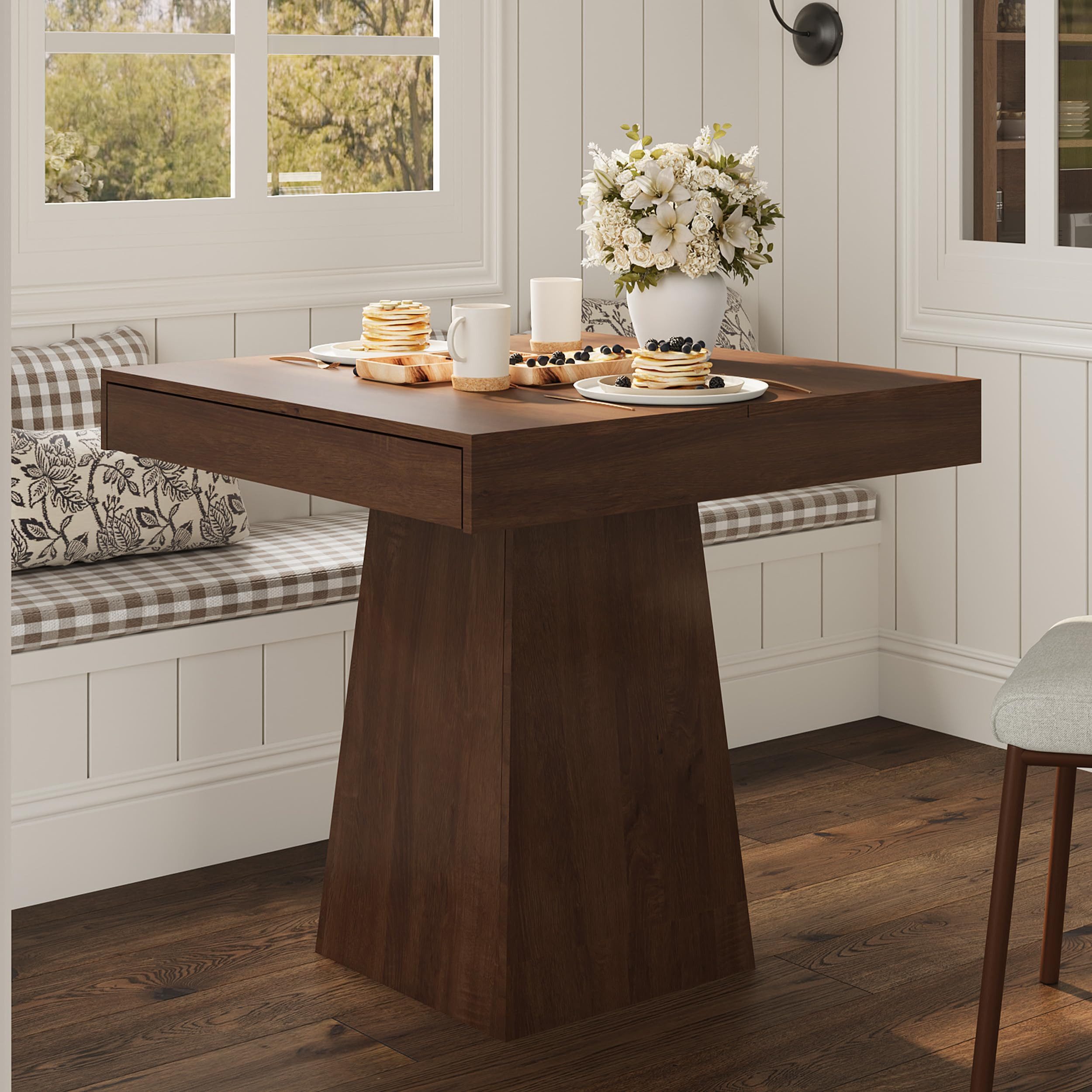 GarveeMore Esstisch Square Dining Table for 4 with Drawer Storage und Wooden Pedestal