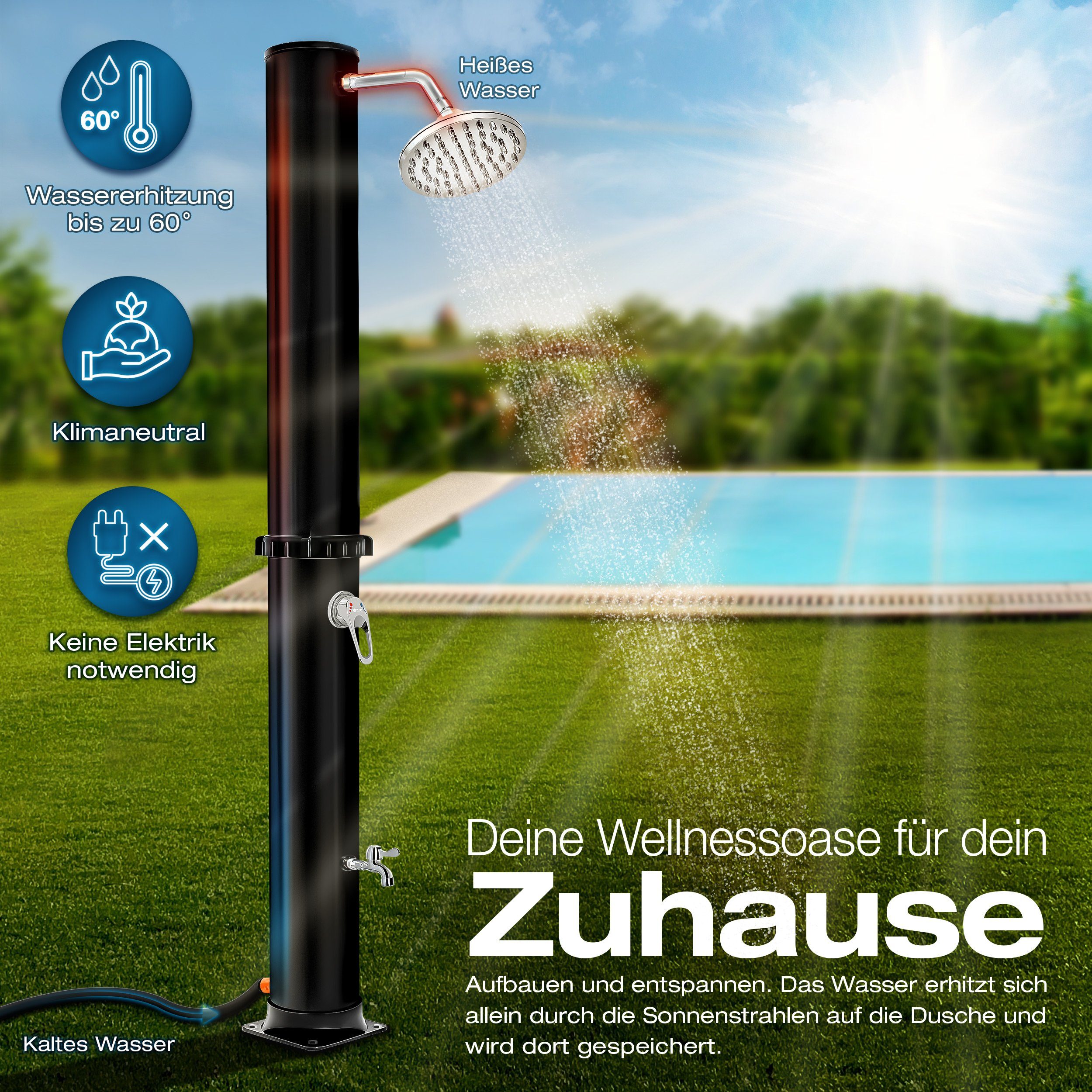 tillvex Solardusche Solar Gartendusche 20 Liter inklusive Schutzhaube Solar Garten-dusche, warmes Wasser, Pooldusche Camping, ohne Stromanschluss
