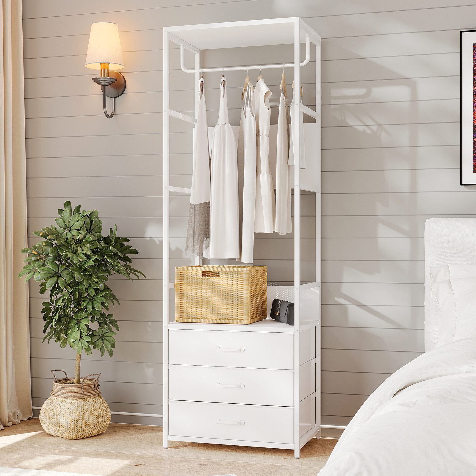 VOWNER Garderobenständer mit Sitzbank, Schublade & Kleiderstange, schmaler Flurgarderobe, (1 St), moderner Kleiderständer mit 3 Schubladen & stabiles Schuhregal