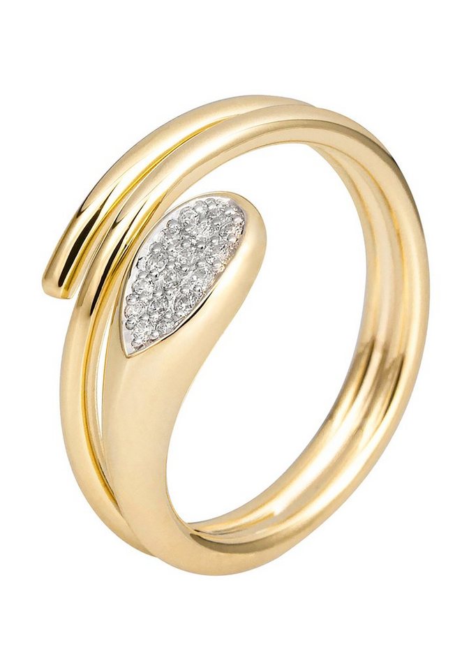 JOBO Fingerring, 585 Gold mit 16 Diamanten, Aus teilrhodiniertem 585  Gelbgold