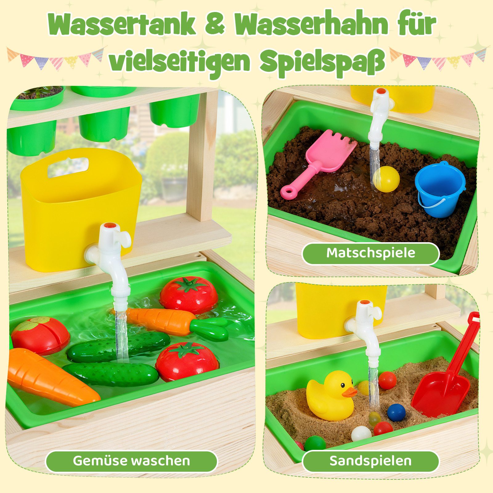 COSTWAY Outdoor-Spielküche Holz, Mit Kreidetafel, Herd, Blumentöpfen & Kochutensilien