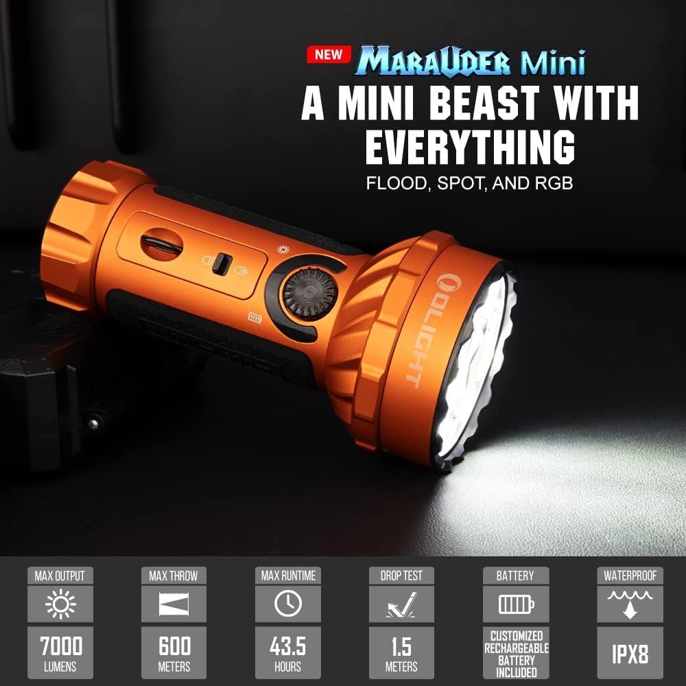 OLIGHT LED Taschenlampe Olight Marauder Mini Leistungsstarke Taschenlampe, 7000 Lumen 600 Meter, Wiederaufladbar, mit Strahler und Flutlich Orange