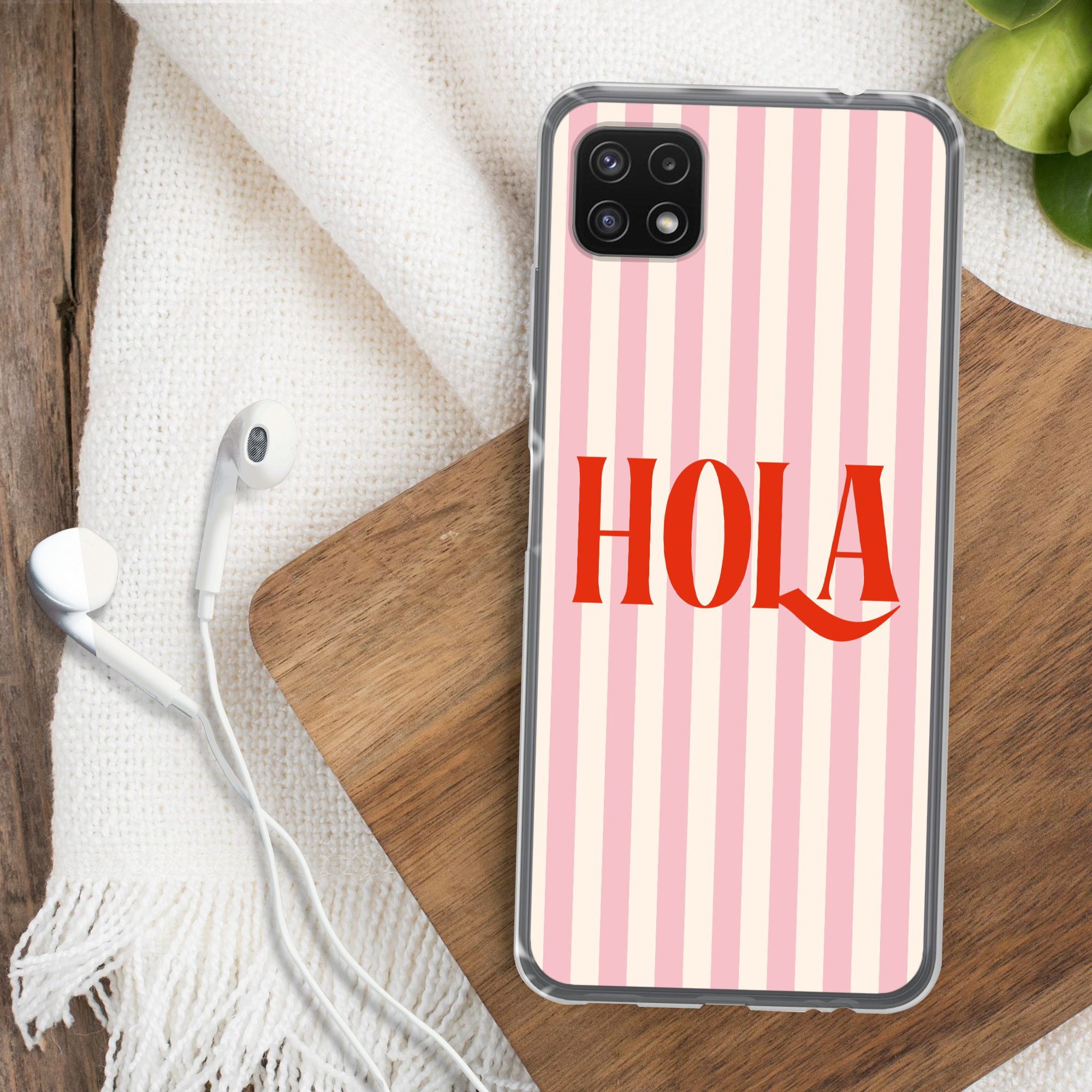 MuchoWow Handyhülle für Samsung Galaxy A22 5G Hola - Zitat - Streifen - Pastell - Rosa - R, Smartphone-Bumper, Print, Handy Schutzhülle Dünn