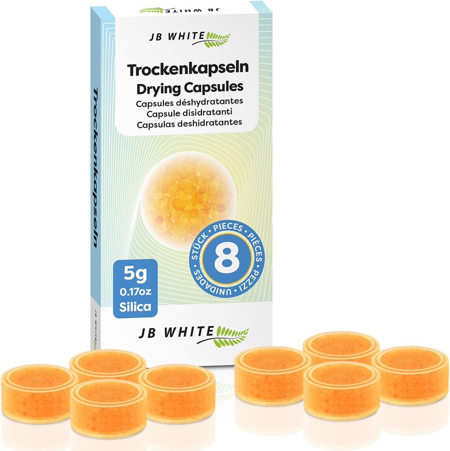JB White Cerumenfilter Trockenkapseln 5g für Hörgeräte (8 / 16 / 24), Kieselgel-Perlen mit Farbindikator zur Entfeuchtung, 100% kompatibel z