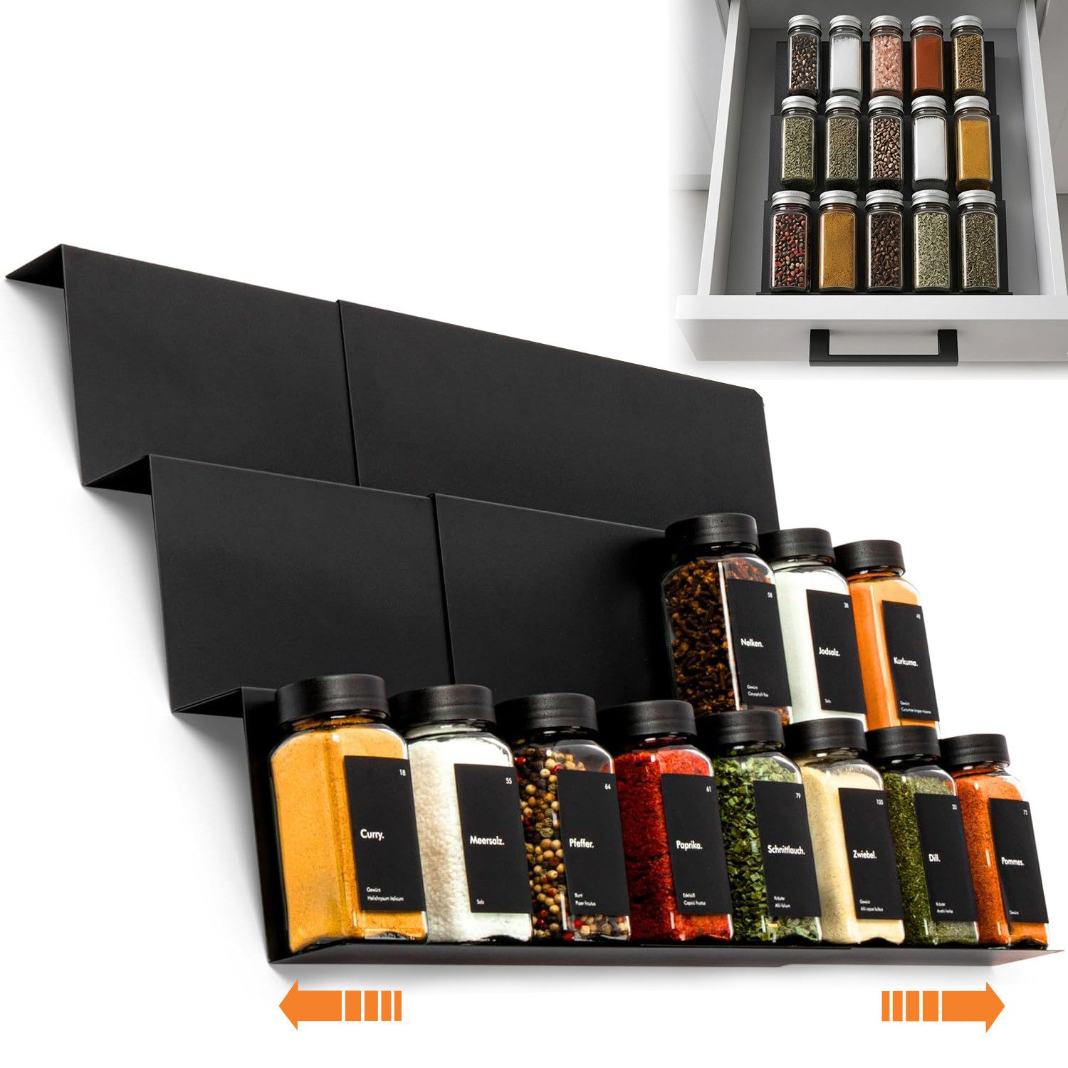 Refined Living Gewürzregal 6 Stk Gewürzregal Schublade Gewürz Schubladeneinsatz Gewürz Organizer, Verstellbar von 23 cm bis 46 cm, Gewürzaufbewahrung, Kücheorganizer 6-tlg., Erweiterbares Gewürzeinsatz für Küche, Arbeitsfläche, Schrank, Regal
