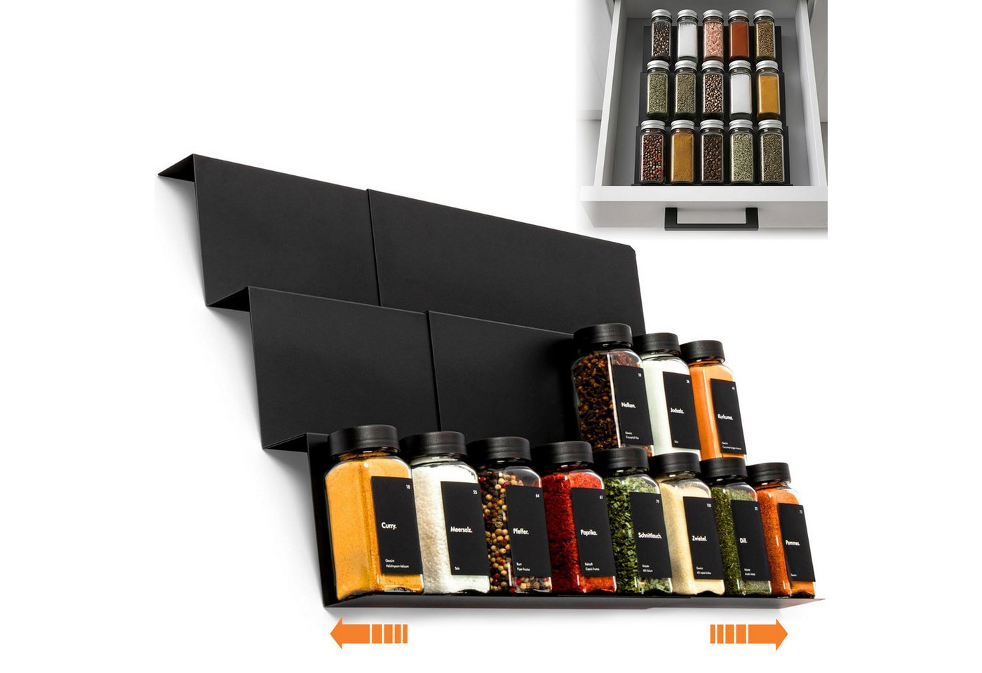 Refined Living Gewürzregal 6 Stk Gewürzregal Schublade Gewürz Schubladeneinsatz Gewürz Organizer, Verstellbar von 23 cm bis 46 cm, Gewürzaufbewahrung, Kücheorganizer 6-tlg., Erweiterbares Gewürzeinsatz für Küche, Arbeitsfläche, Schrank, Regal