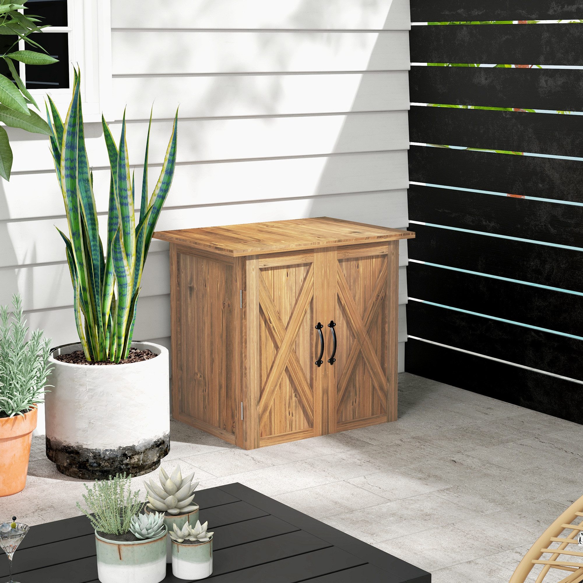 Outsunny Geräteschrank Holz, Geräteschuppen mit Doppeltür, 77 x 55 x 72 cm Braun (Kissenbox, 1-St., Gartenbox) für Garten, Balkon, n