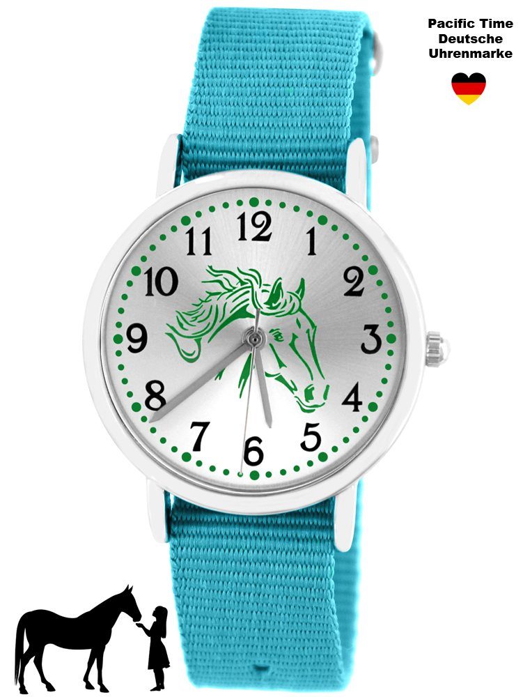 Kinder Kinderuhren Pacific Time Quarzuhr Mädchen Armbanduhr Pferd grün Nylon Wechselarmband hellblau 10208, Gratis Versand