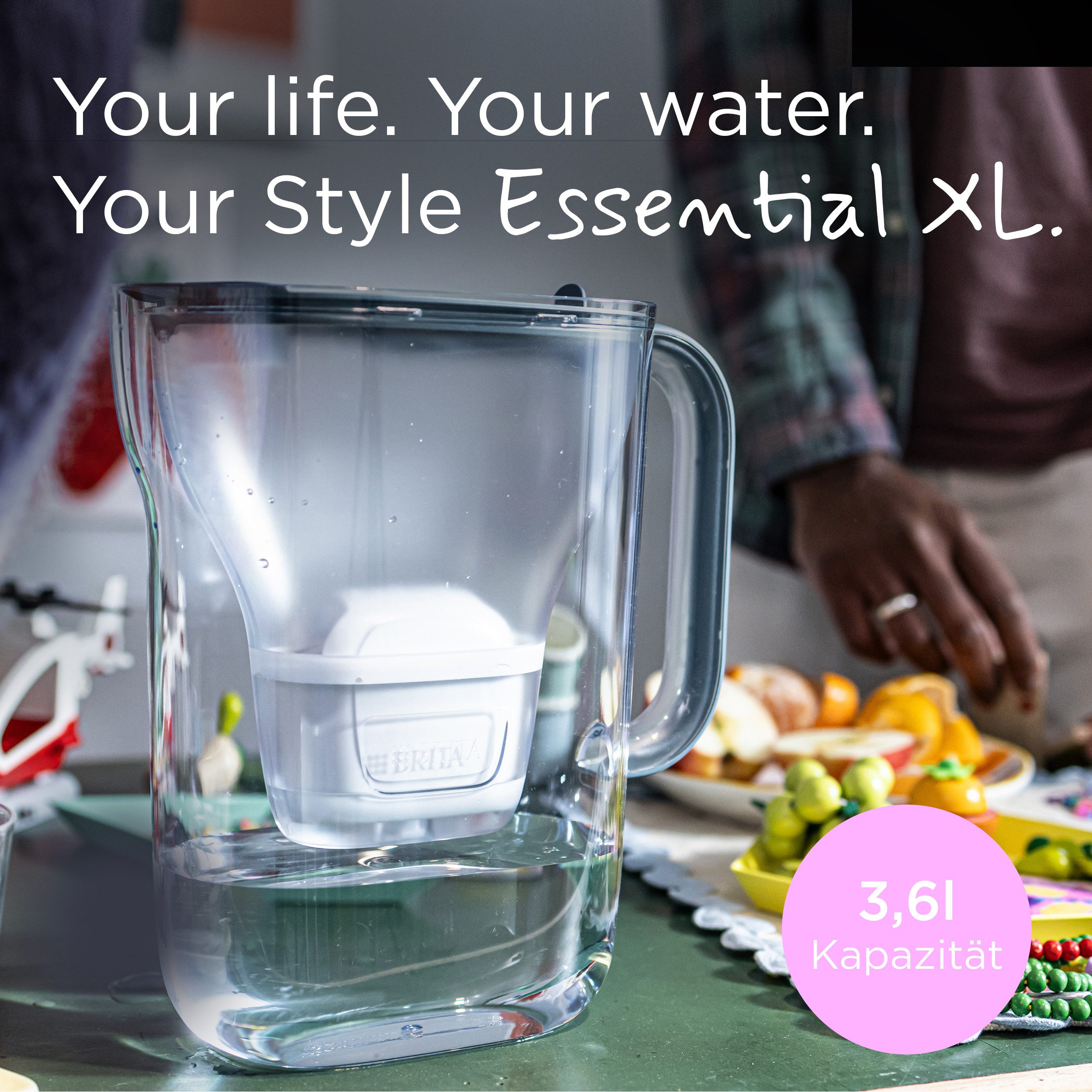 BRITA Wasserfilter Kanne Style Essential XL steinblau 3,6L, 1 MAXTRA PRO Extra Kalkschutz, Große Filterkanne, Filterwechselanzeige, Kalkfiltration & Geräteschutz