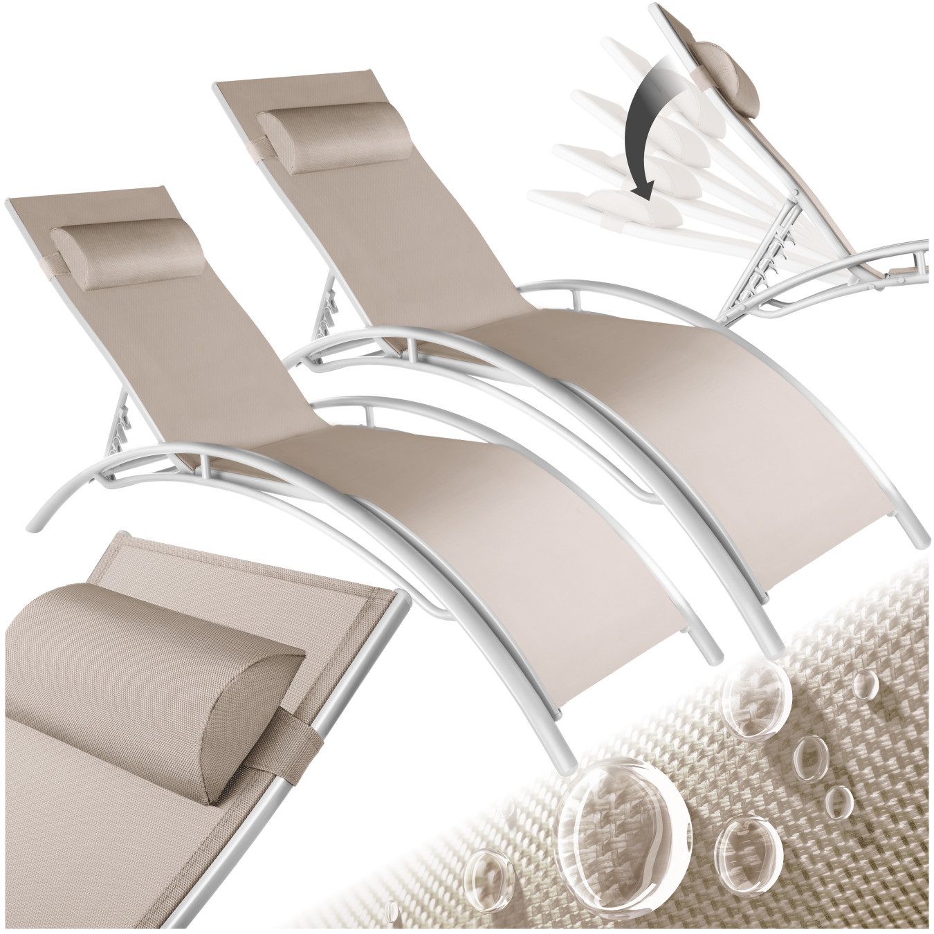 tectake Gartenliege Aluminium Sonnenliege, wetterfest und UV-beständig, 180 x 59 x 50 cm, Balkonliege Alina, 2 St., für Außen in Beige, Textilene-Gewebe, verstellbare Rückenlehne, abnehmbares Kopfpolster