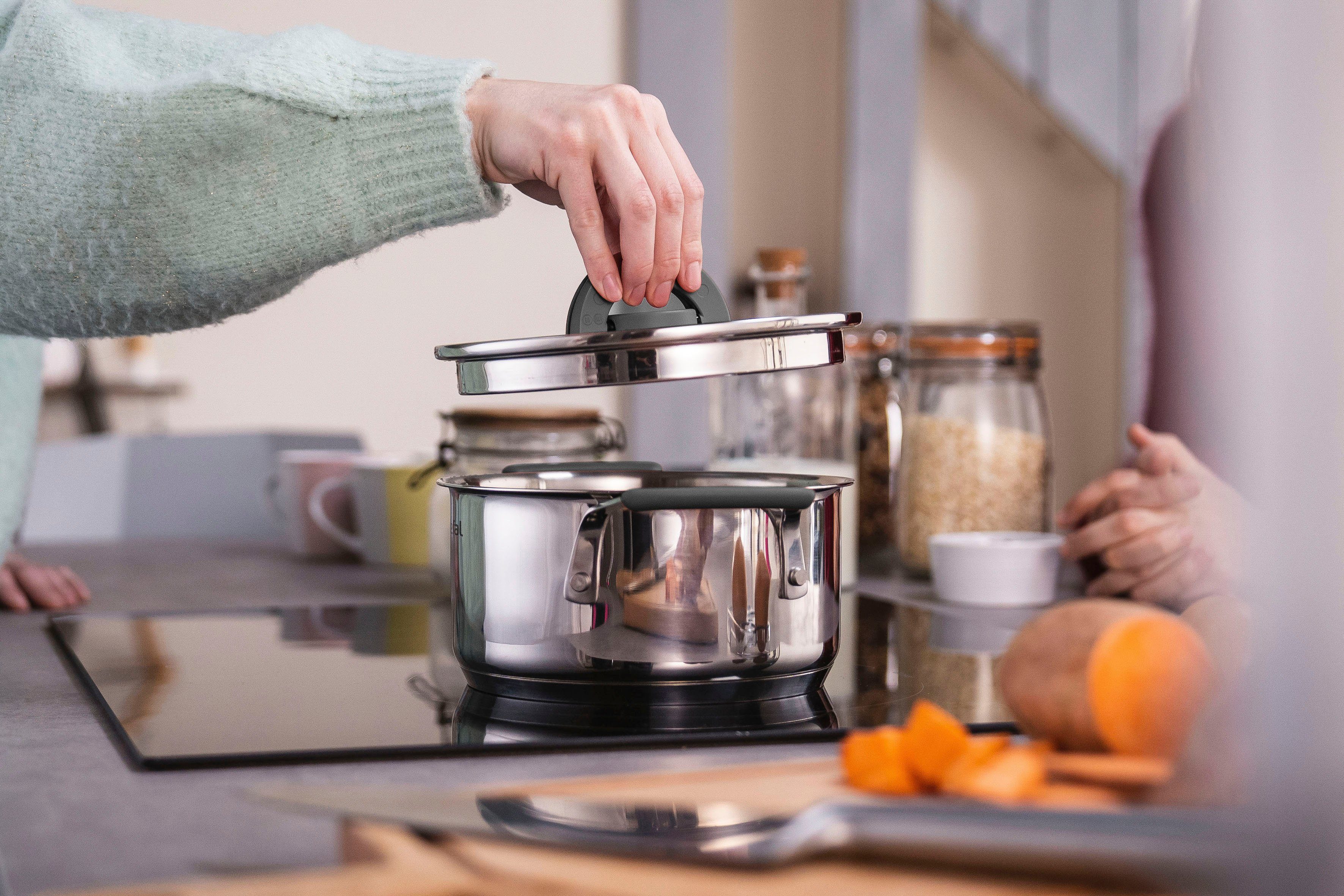 Tefal Topf-Set G7376S Opti'Space, Edelstahl (Set, 6-tlg., Stielkasserolle 16 cm, Kochtopf 20/24 cm, je mit Deckel), Thermo-Fusion-Boden, für alle Herdarten inkl. Induktion