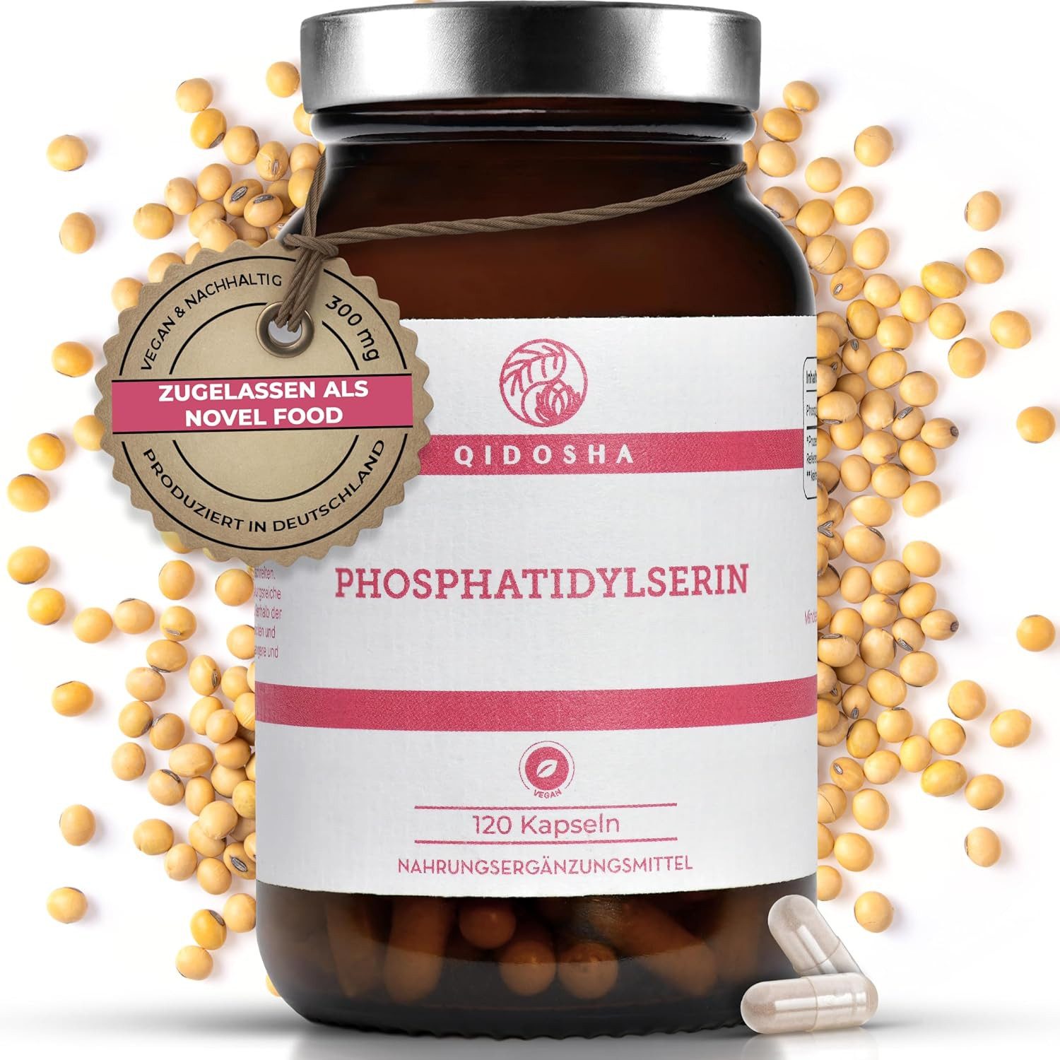 QIDOSHA Phosphatidylserin Kapseln, 120 Kapseln im Apothekerglas, volle 300mg Phosphatidylserin je Tagesportion (150mg/Kapsel), vegan, laborgeprueft, deutsche Fertigung, Novel-Food-Zulassung à 120 St., 26.4 g