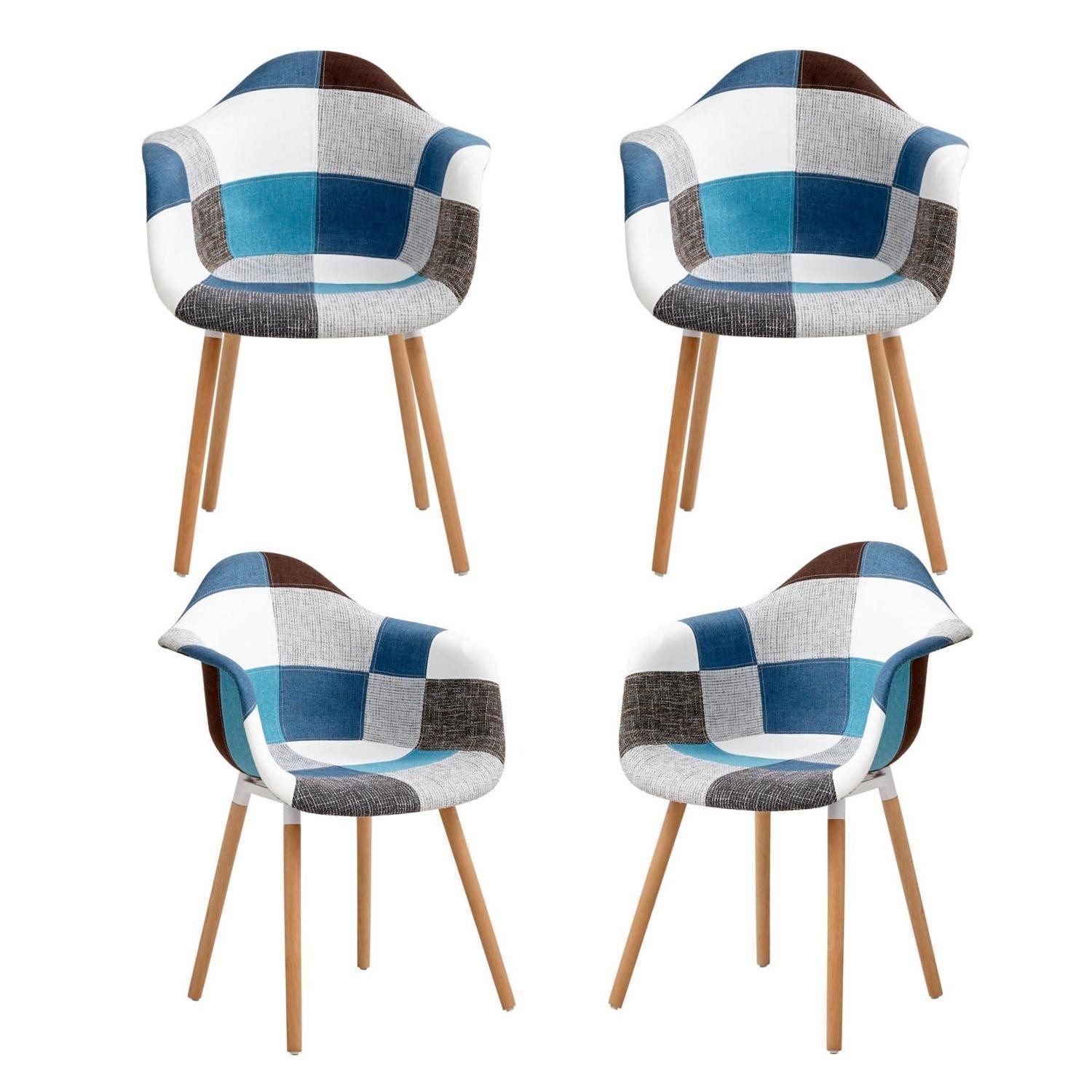 LuxusKollektion Esszimmerstuhl Esszimmerstühle Patchwork Stoff Armlehnen Buchenholz 4 Stühle A5-blau