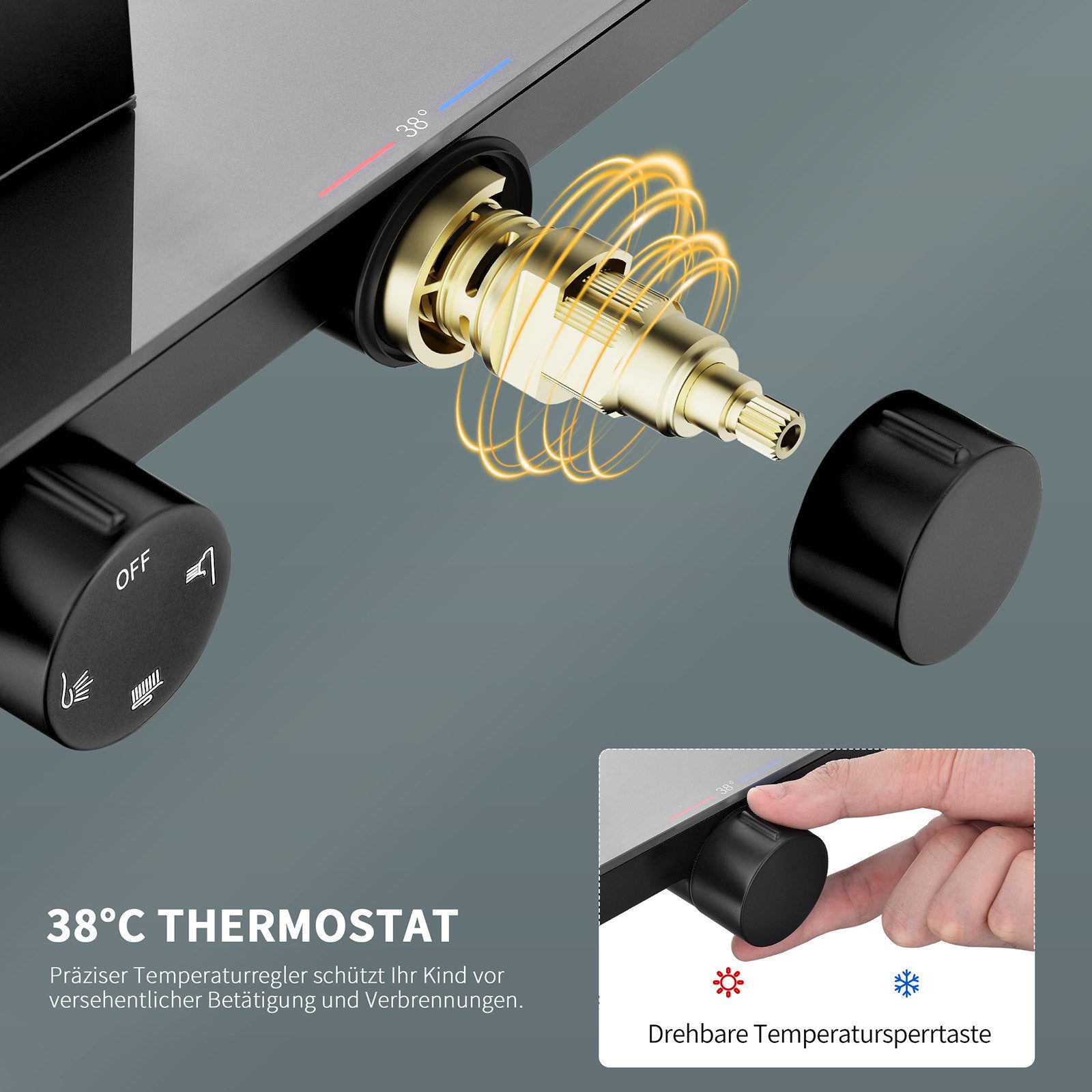 HOMELODY Duschsystem mit Thermostat und Glasablage in Schwarz Matt,Brausegarnitur, 3 Strahlart(en), Set, 12 Zoll Regendusche, 3-Funktions-Handbrause, PPA-Kupfer, Aluprofil