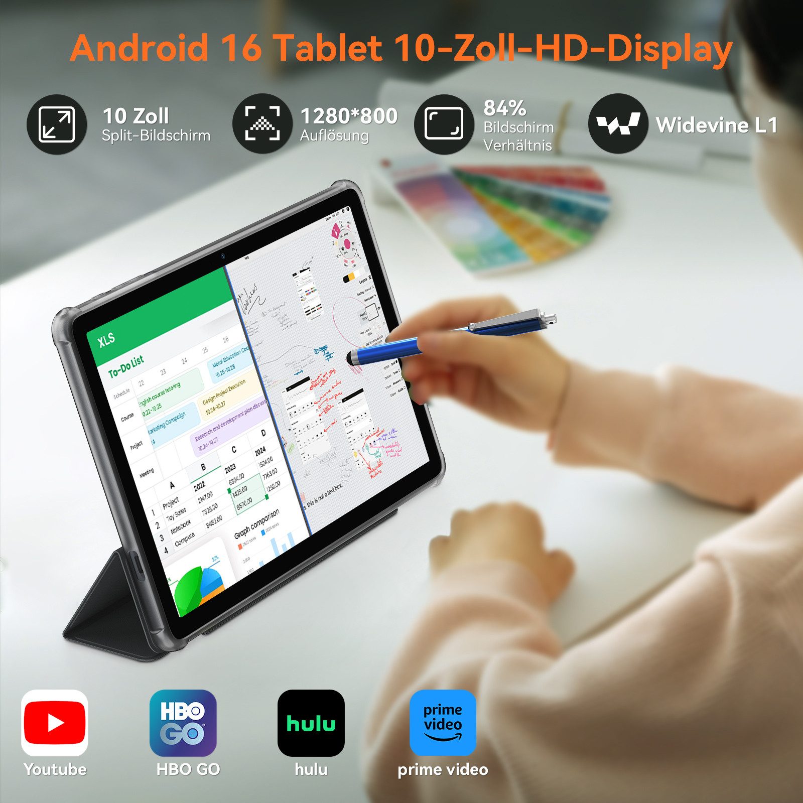 KINGRID 10,1" Android 16 mit Tastatur/Maus/Hülle Tablet (10", 256 GB, Android 16, Gemini Al Magic, mit Stift/Maus/Tastatur) grau