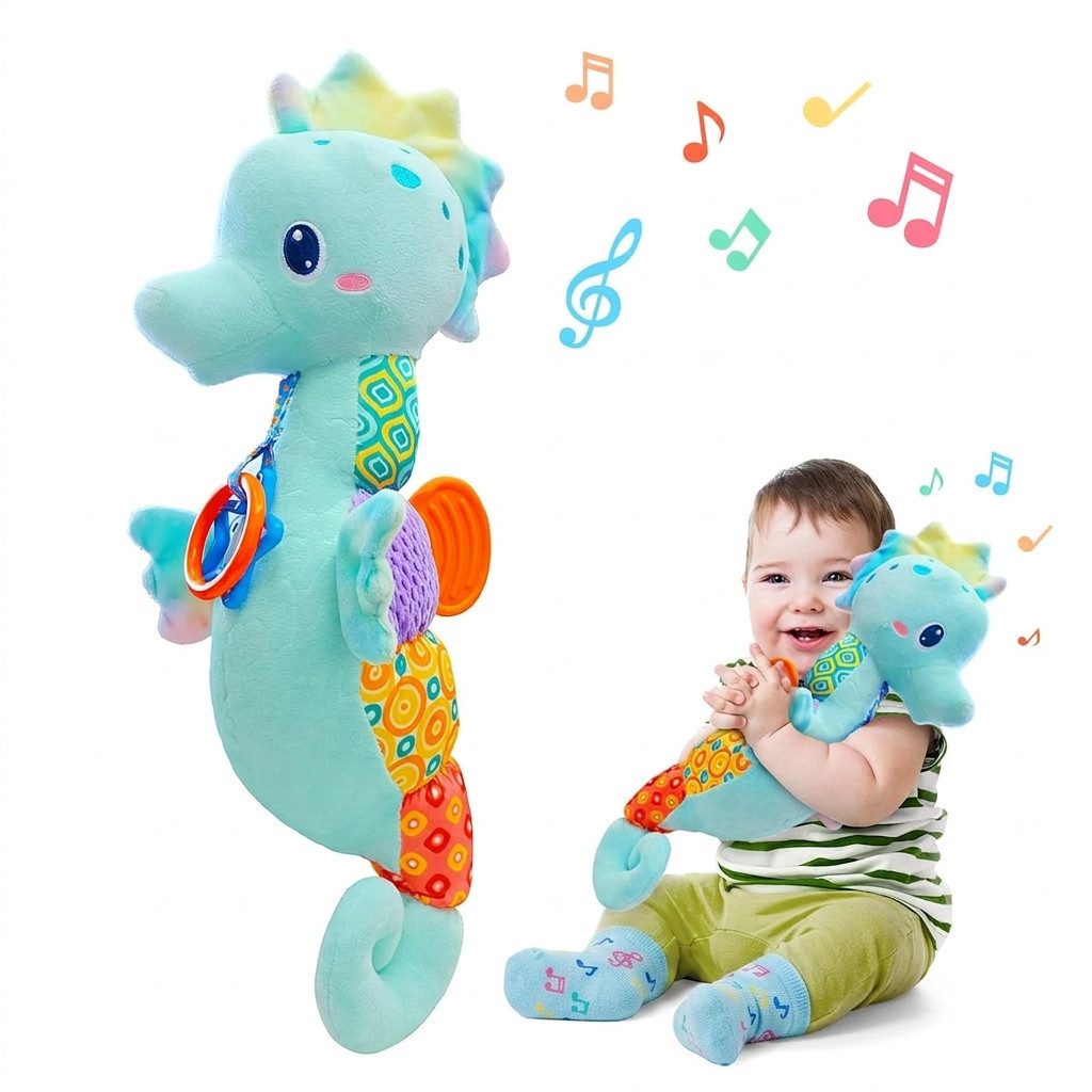 LaCute Kuscheltier Baby Musikplüschtier Seepferdchen Rasselspielzeug für Neugeborene (Baby Plüschtier Seepferdchen mit Rassel und Geräuschelementen, Baby Seepferdchen Musikplüschtier mit Rassel und Soundfunktion), Baby Plüschtier Seepferdchen mit Rassel M