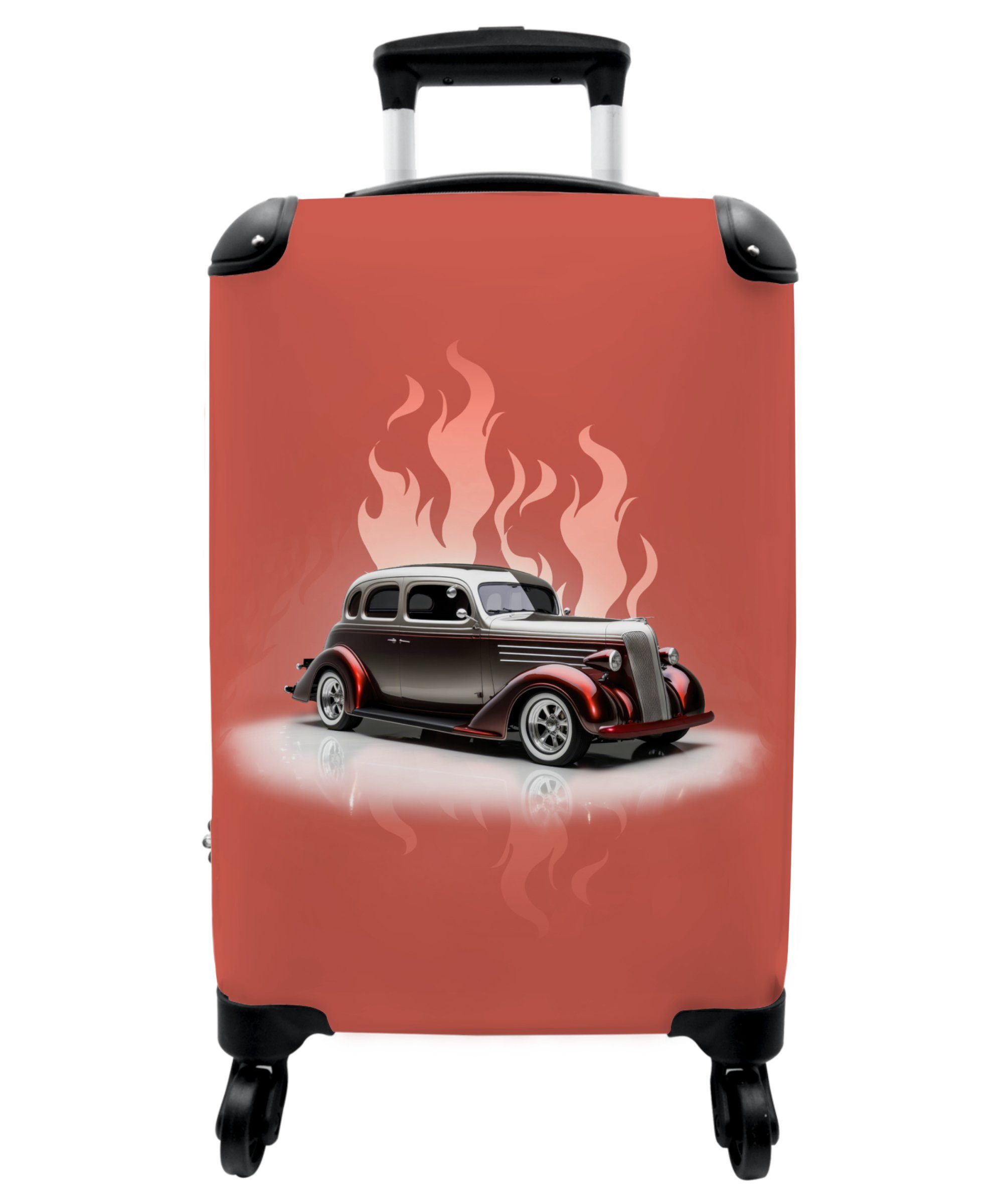 NoBoringSuitcases.com© Kinderkoffer 55x35x20cm Auto - Rosa - Vintage - Flammen, 4 Rollen, Kindertrolley, Handgepäck, Reisekoffer für Jungen