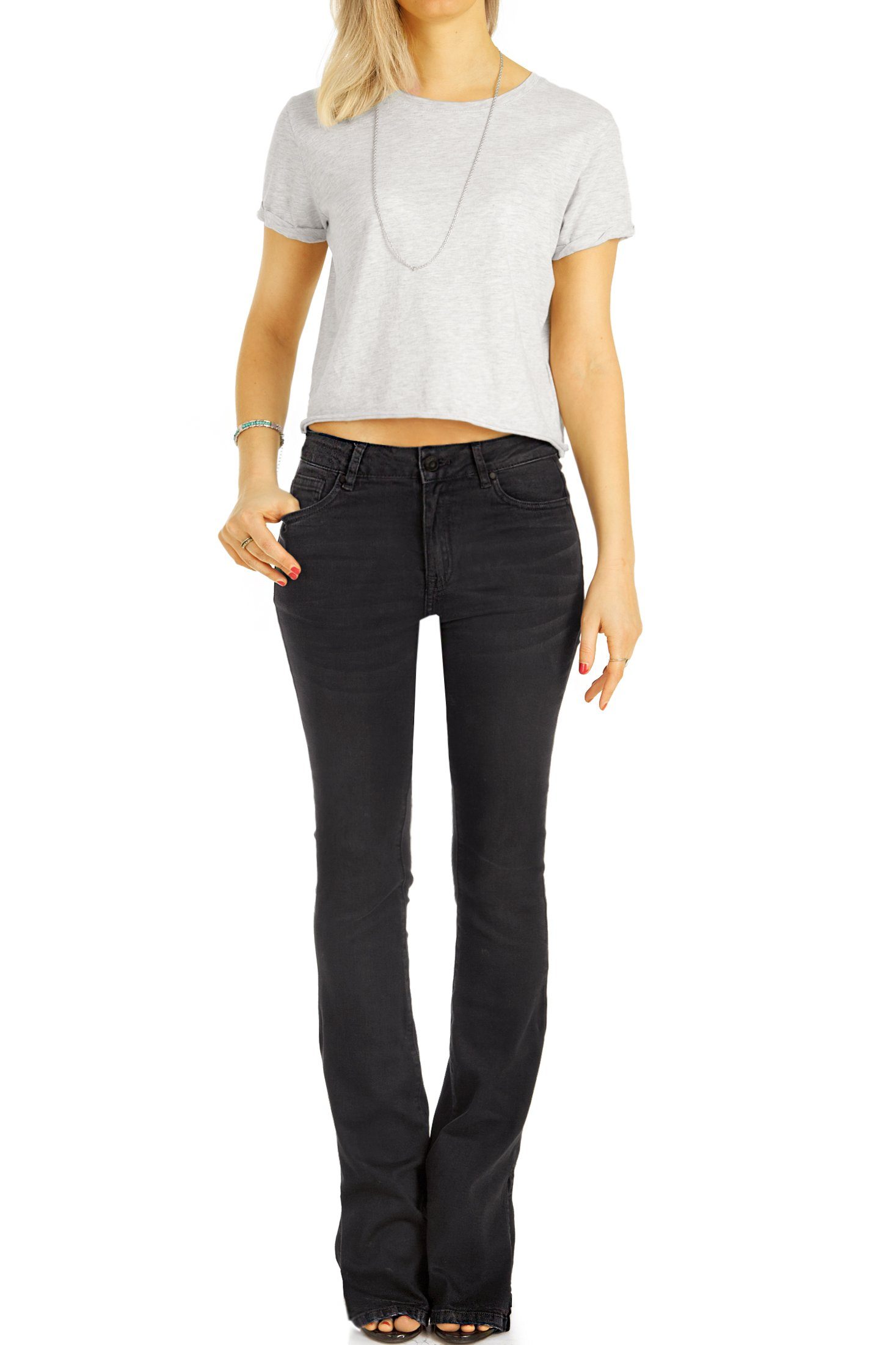 be Hose mit Jeans 5-Pocket-Style Damen - Stretch-Anteil, j27r styled Bootcut-Jeans cut waist mid out - Bootcut mit