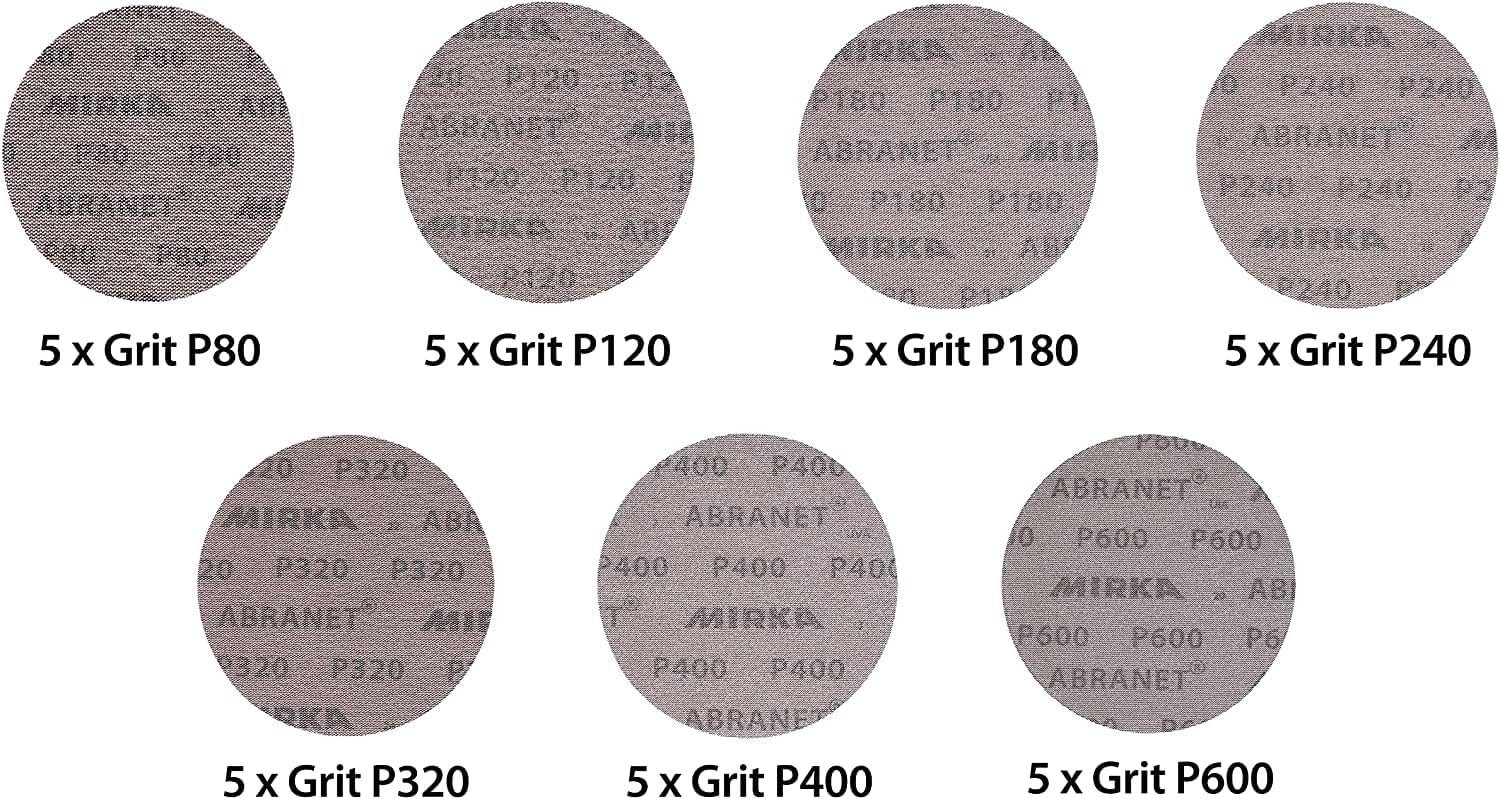 Mirka Schleifpapier Abranet Schleifscheiben (Mix Pack), (35 St), Ø150mm, Schleifen von Holz, Spachtel, Lack, Kunststoff