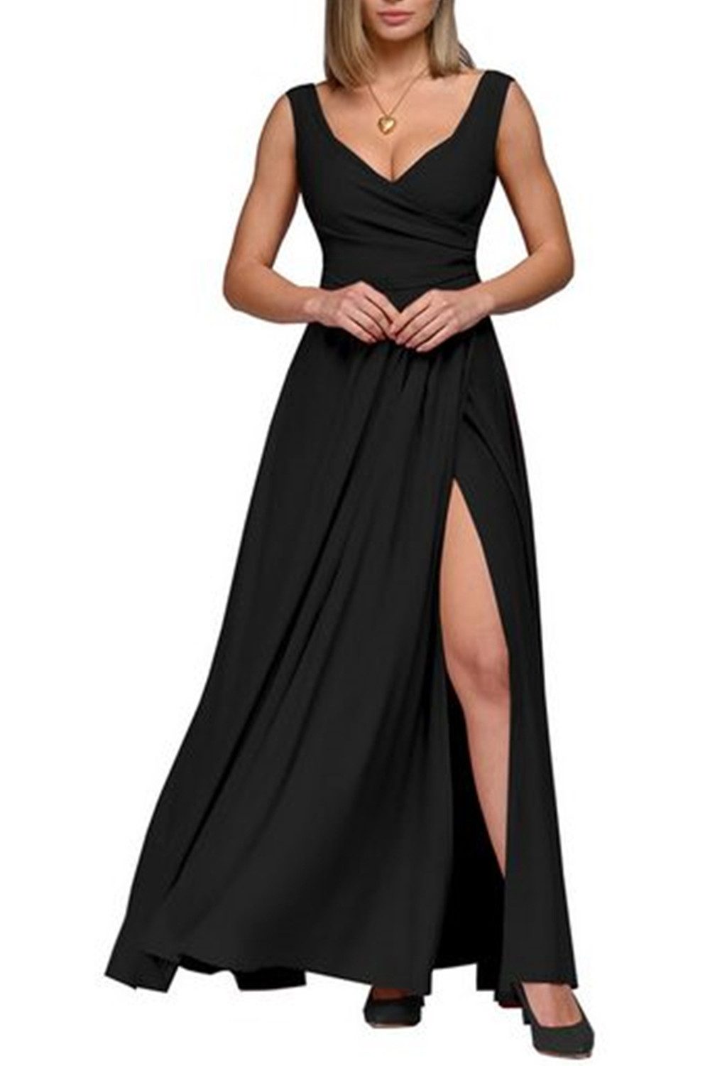 B.X Abendkleid Langes Kleid,Taillenkleid,abendkleider damen,ärmelloses kleid Elegant,Sommer,Einfarbiges,ärmelloses,V-Ausschnitt