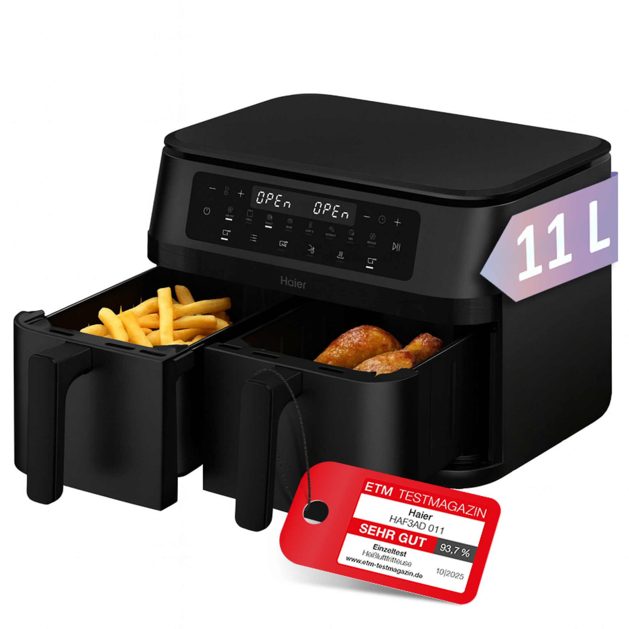 Haier Heißluftfritteuse HAF3AD 011, 1400 W, XXL, 8 Zubereitungsfunktionen, Warmhaltefunktion, hOn-App