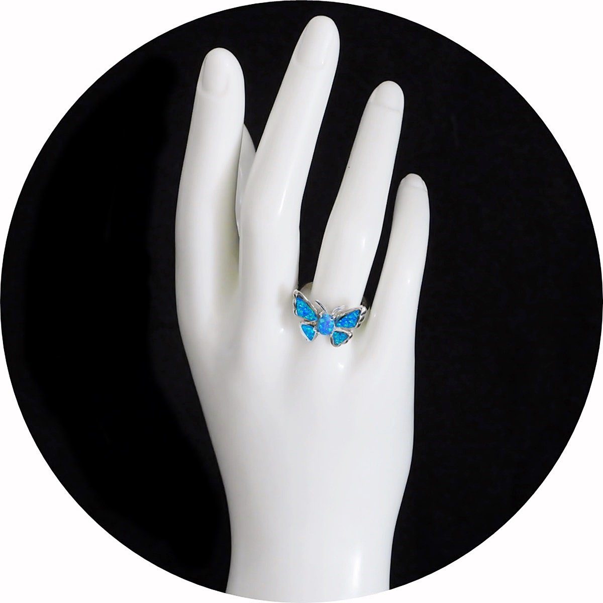 Damen Schmuck Goldene Hufeisen Silberring Schmetterling Blau Opal (Synth) Damen Ring aus 925 Sterlingsilber, Rhodiniert
