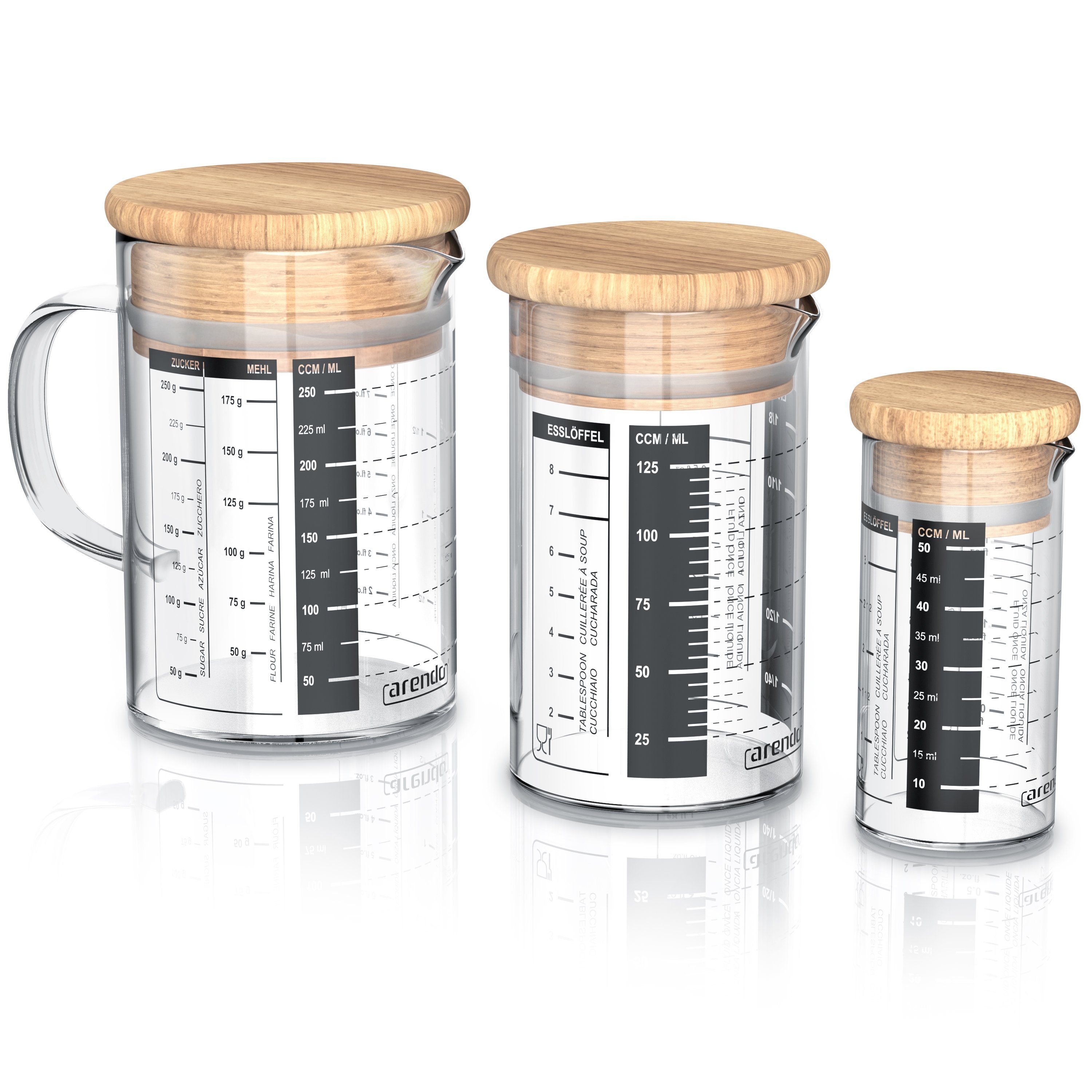 Arendo Messbecher 50ml, 125 ml & 250 ml Glas Messkrug Set mit Bambusdeckel, luftdicht, Glas, (Set, 3-St), Küchenbehälter, Silikondichtung, für Mehl Zucker Gewürze Süßigkeiten