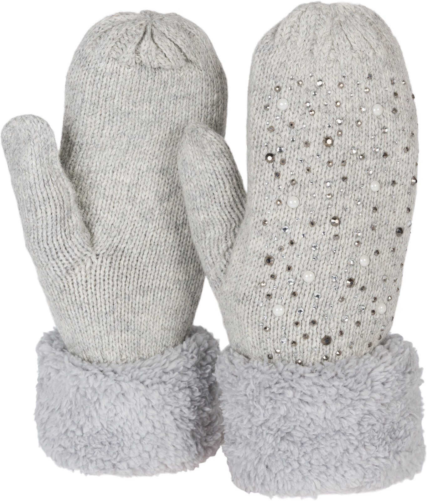 styleBREAKER Fäustlinge Strickhandschuhe Fäustlinge mit Strass und Perlen (1-St)