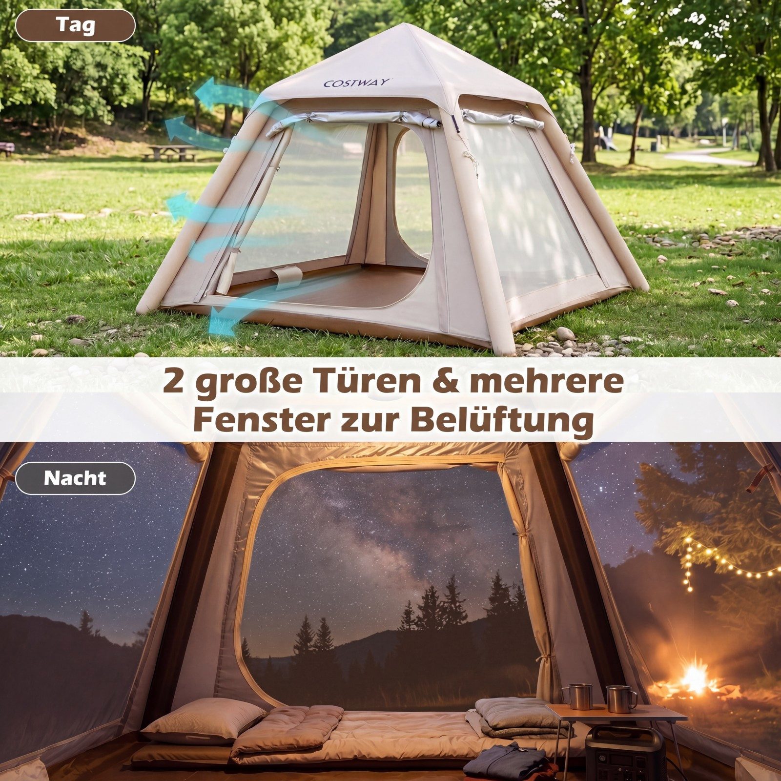 COSTWAY aufblasbares Zelt, Personen: 4, Campingzelt mit abnehmbarem Vordach