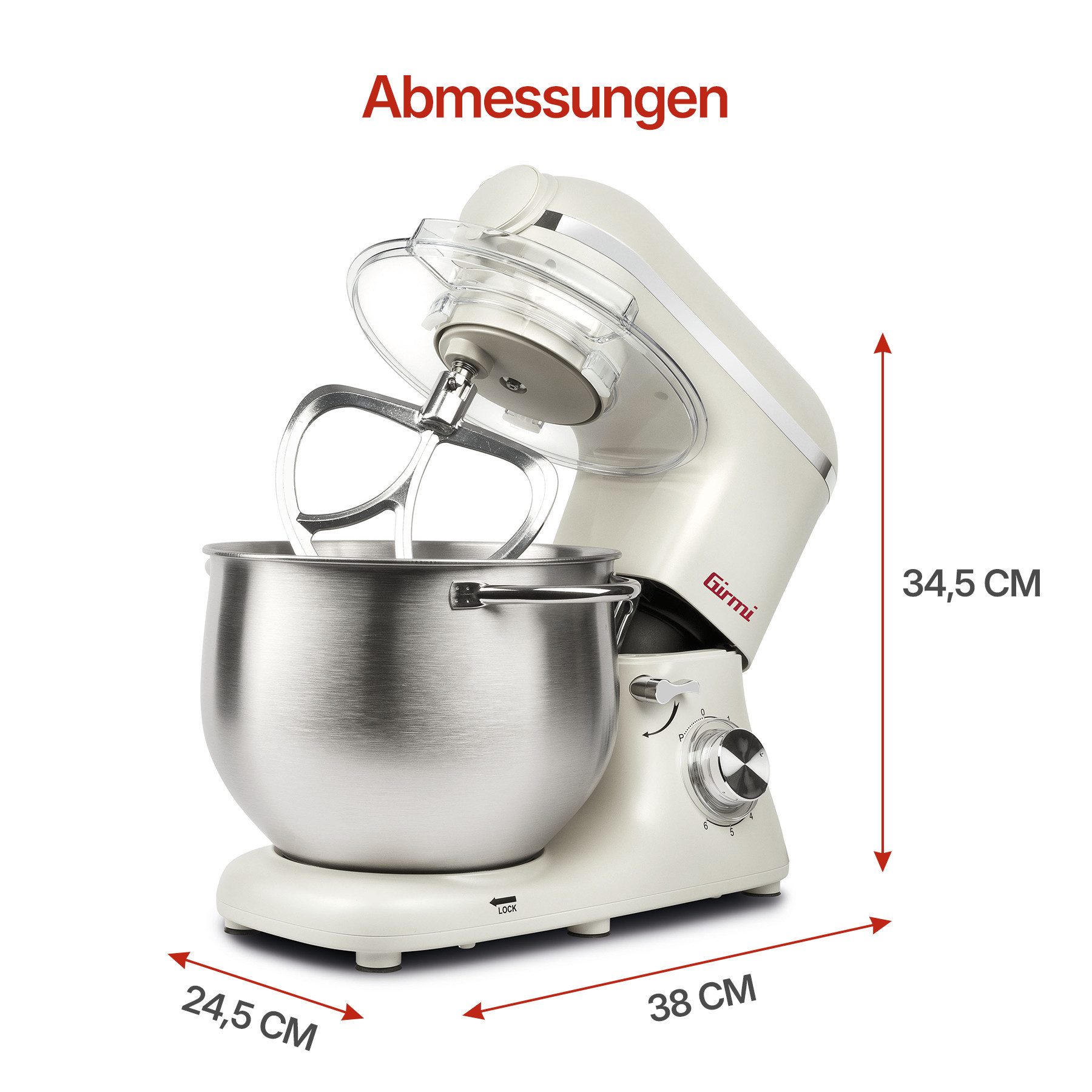 Girmi Küchenmaschine IM5001 Gastronomo Plus IM50, Planetenrührwerk, 2200 W, 8 l Schüssel, 8 l Edelstahl-Schüssel, 6 Stufen, Pulse, bis 3 kg Teig, Zubehör