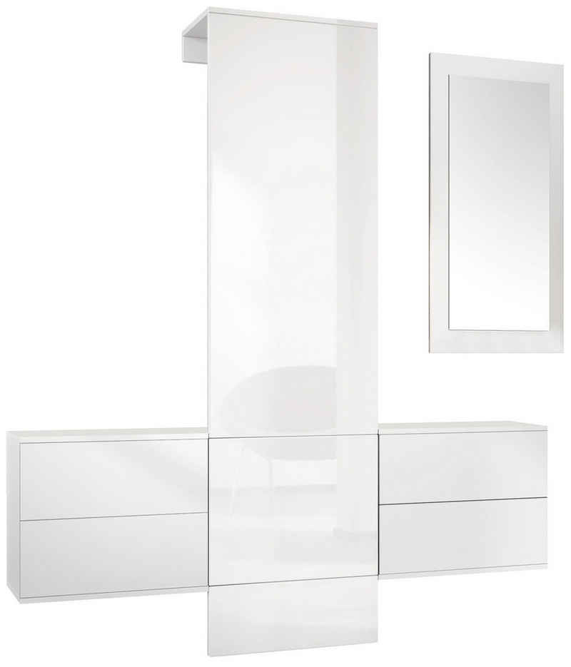 Vladon Garderoben-Set Carlton, (Wandgarderobe bestehend aus, 4-St., ​ 1 Paneel, 2 Schubkastenschränke und 1 Wandspiegel), Weiß matt/Weiß Hochglanz (157 x 193 x 35 cm)