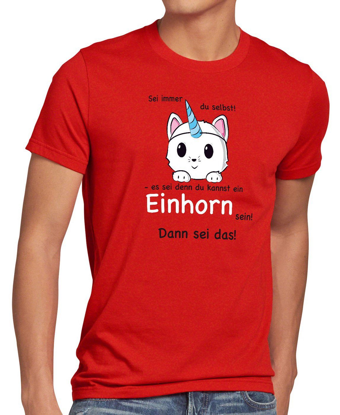 style3 Print-Shirt Herren T-Shirt Sei immer du selbst! Einhorn Unicorn es sei denn Fun Spruch Katze rot