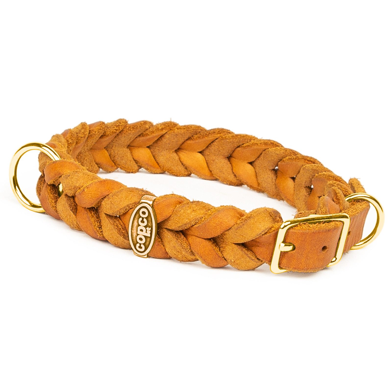 CopcoPet Hunde-Halsband Fettlederhalsband mit Dornschließe verchromt und Messing, Messing, Leder, Geflochten, Handarbeit