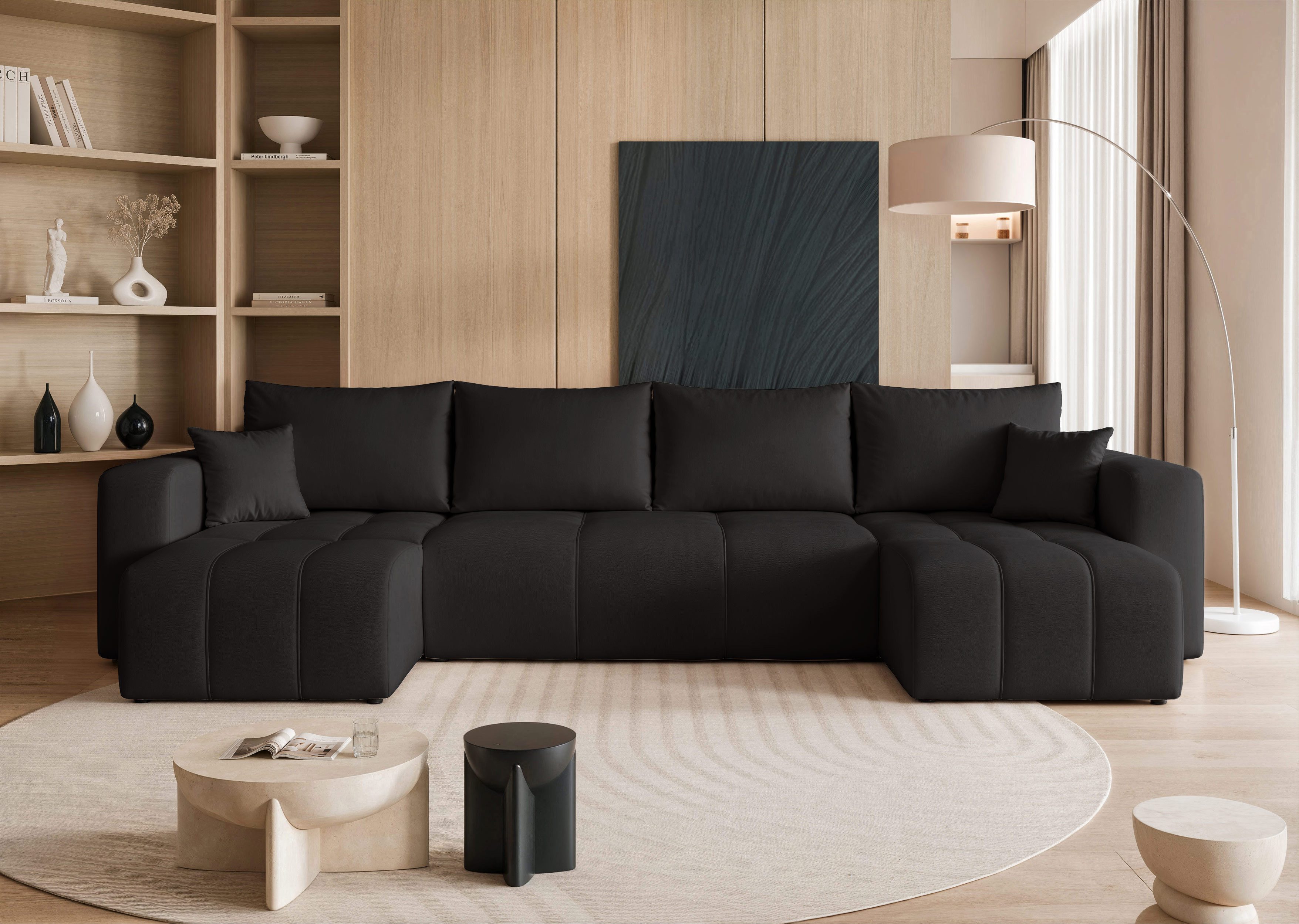 yourhouse24 Wohnlandschaft PEDRO U in Samt-Optik – Riesige Schlaffunktion & abnehmbare Bezüge, mit Schlaffunktion und Bettkasten, Seite universal