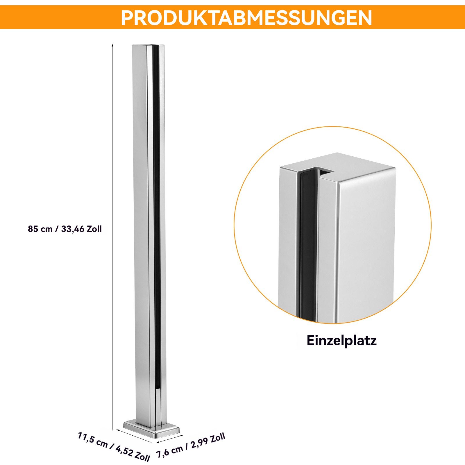BlingBin Zaunpfosten Glasgeländerpfosten aus Edelstahl 304,Geländerpfosten mit Gebürstet, (1 Stück, 1-St., Einzel Schlitz, 85cm Höhe), Glasgeländer pfosten für 10-12mm Glas Mit Slots & Base