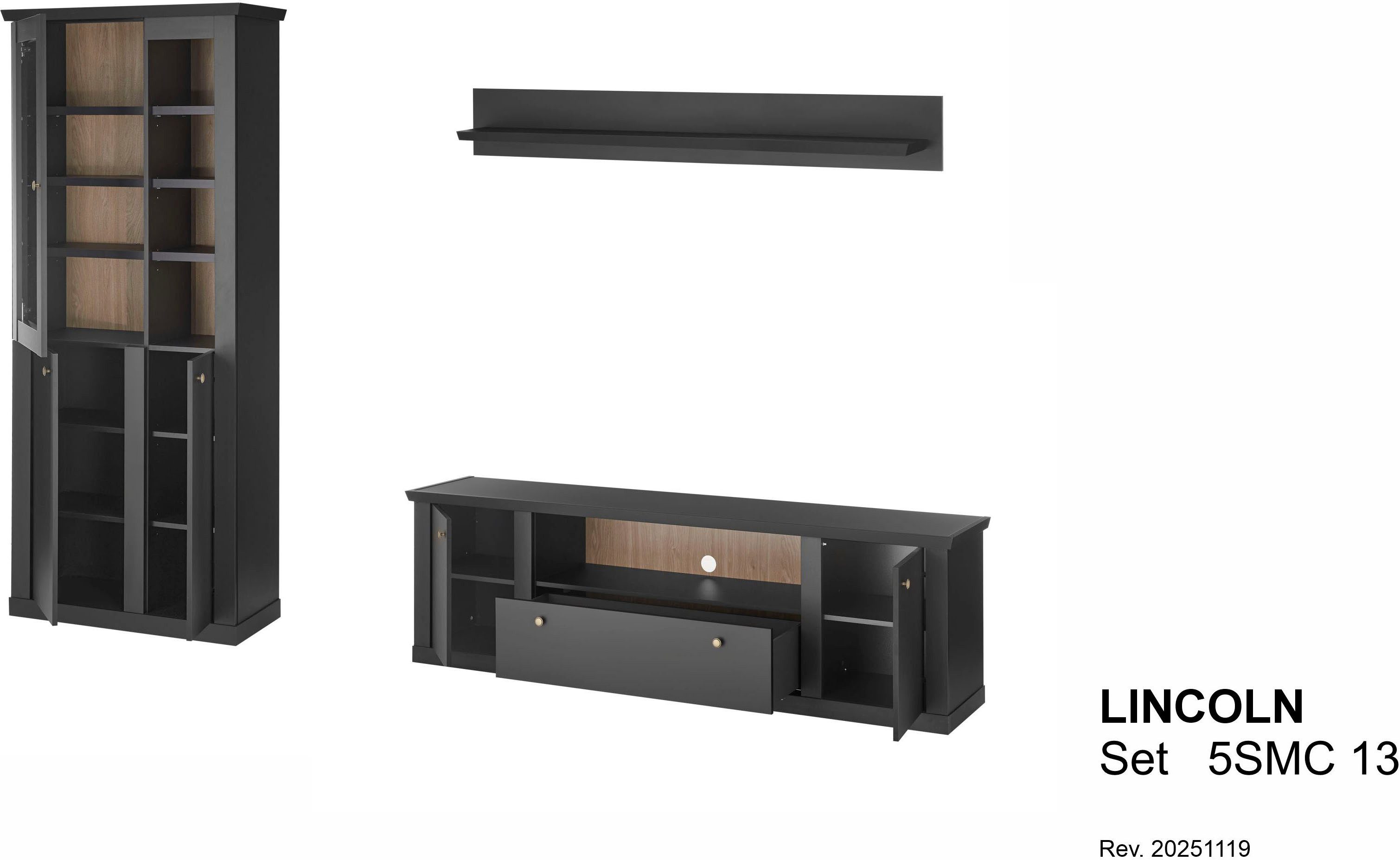 Home affaire Wohnwand Lincoln, moderne Anbauwand, Komplettset im Landhausstil, (Komplett-Set, 3-St), enthält Vitrine, Lowboard und Wandboard, 301 cm breit