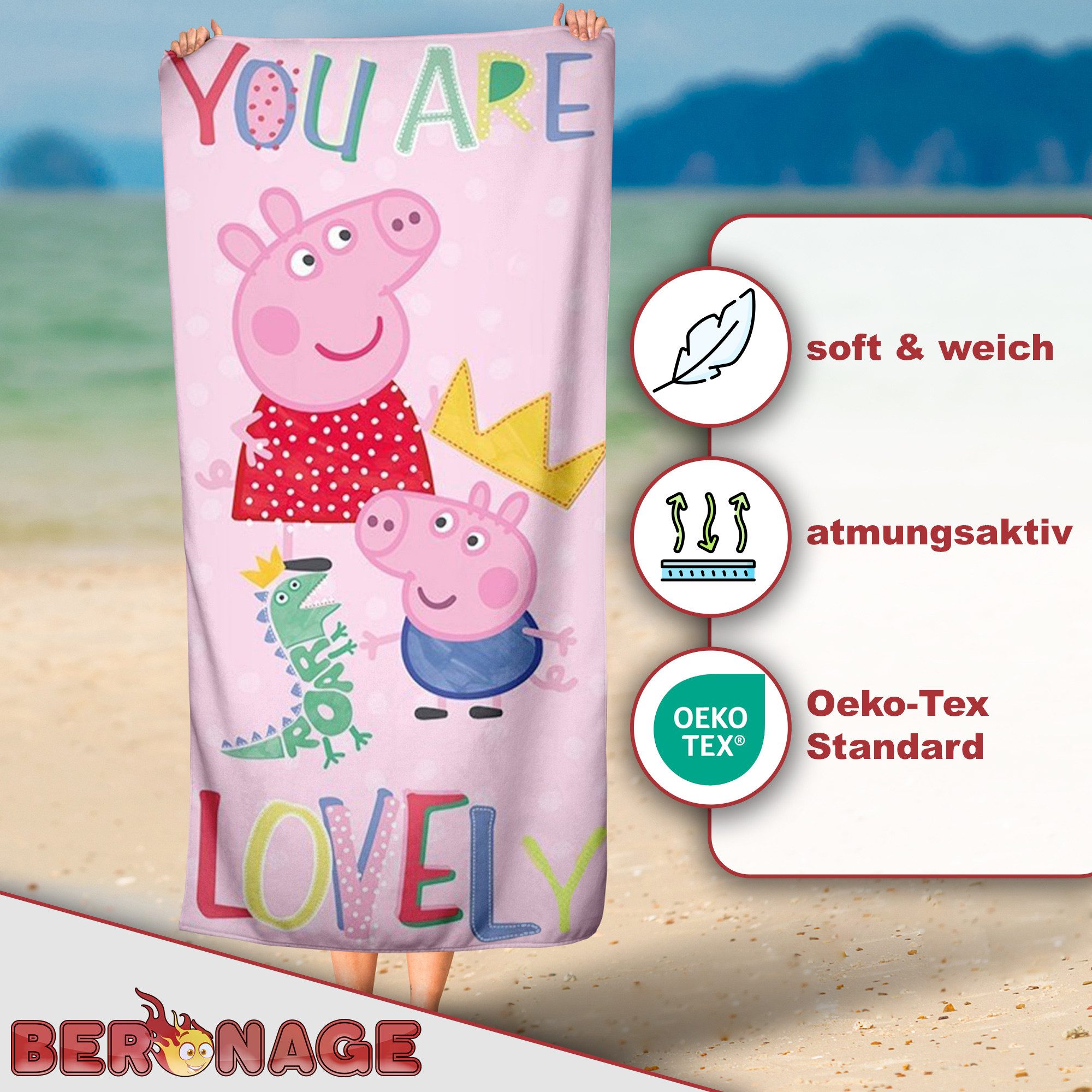 BERONAGE Badetuch Peppa Pig Badetuch You Are Lovely 70x140 cm, 100% Baumwolle (1-St), Frottee in Velours-Qualität