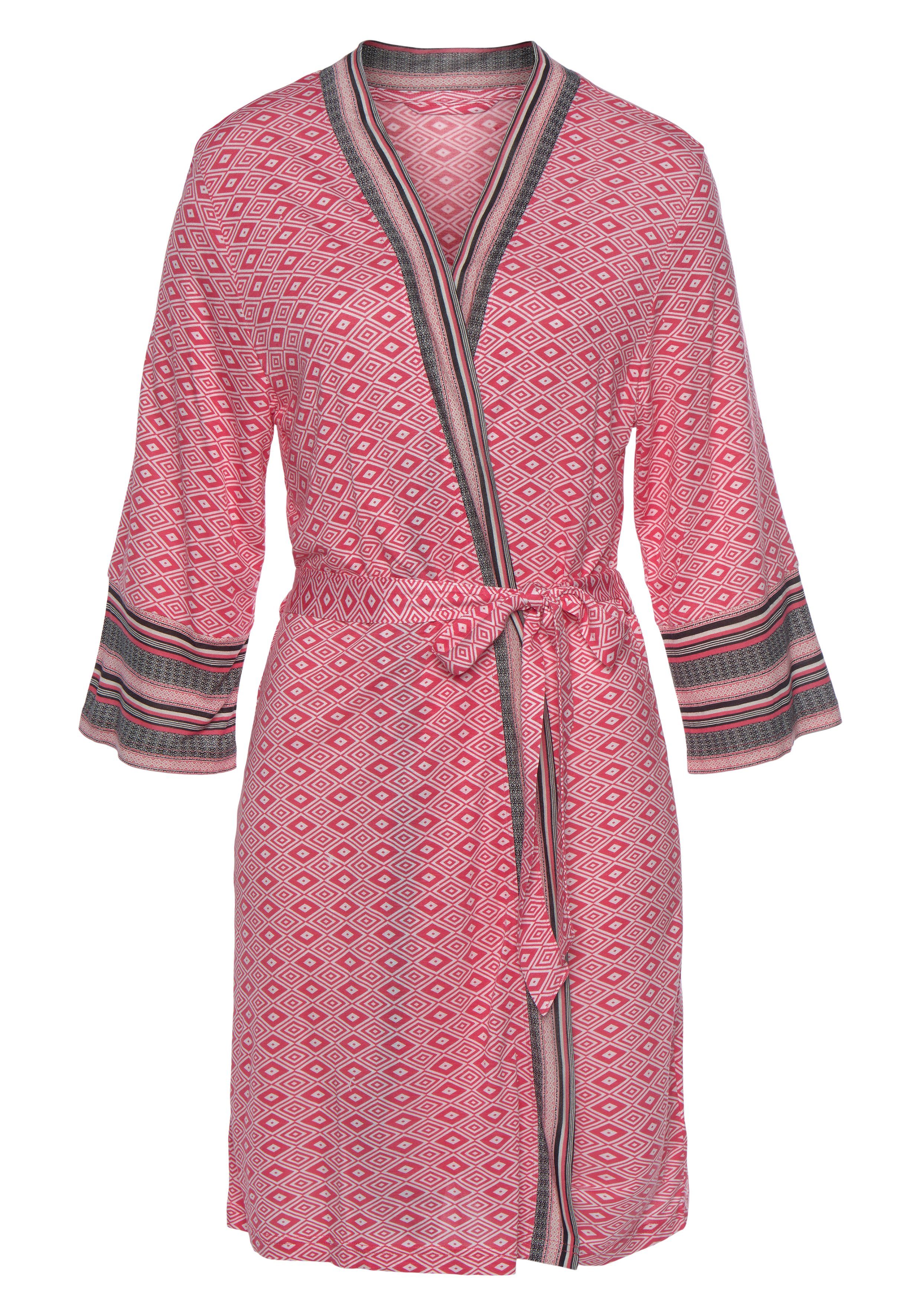 in Gürtel, Single-Jersey, schönem Kurzform, Vivance gemustert Kimono-Kragen, Ethno-Design pink Dreams Kimono,