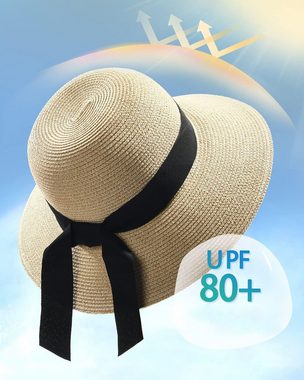 AquaCool Sonnenhut Breitkrempiger Strohhut für Frauen, faltbarer Sommer UV-Hut (1-St., UPF 80) Sonnenschutz Schlapphut