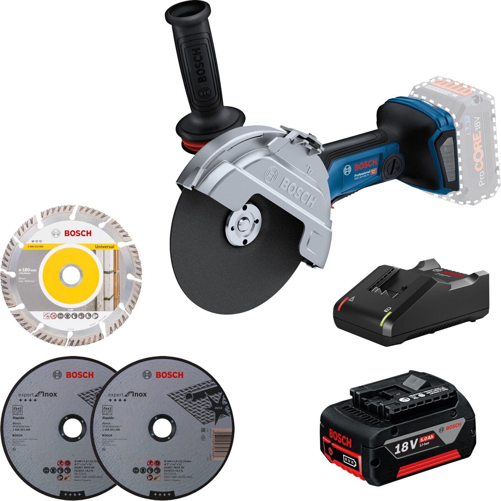 BOSCH Akku-Winkelschleifer Bosch Akku-Winkelschleifer GWS 18V-180 PC Ø 180 mm / 1x 5,0 Ah + GAL 1
