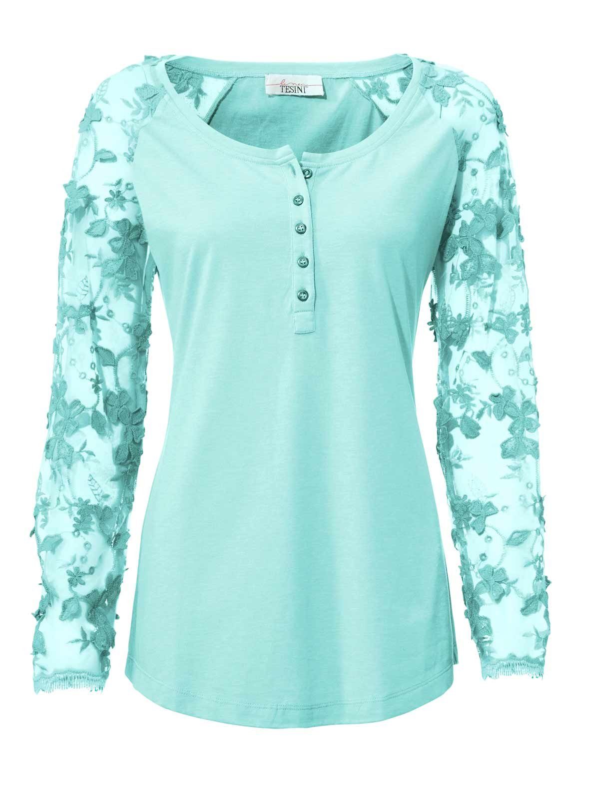 heine Spitzenshirt Linea Tesini Damen Designer-Shirt mit Spitze, türkis