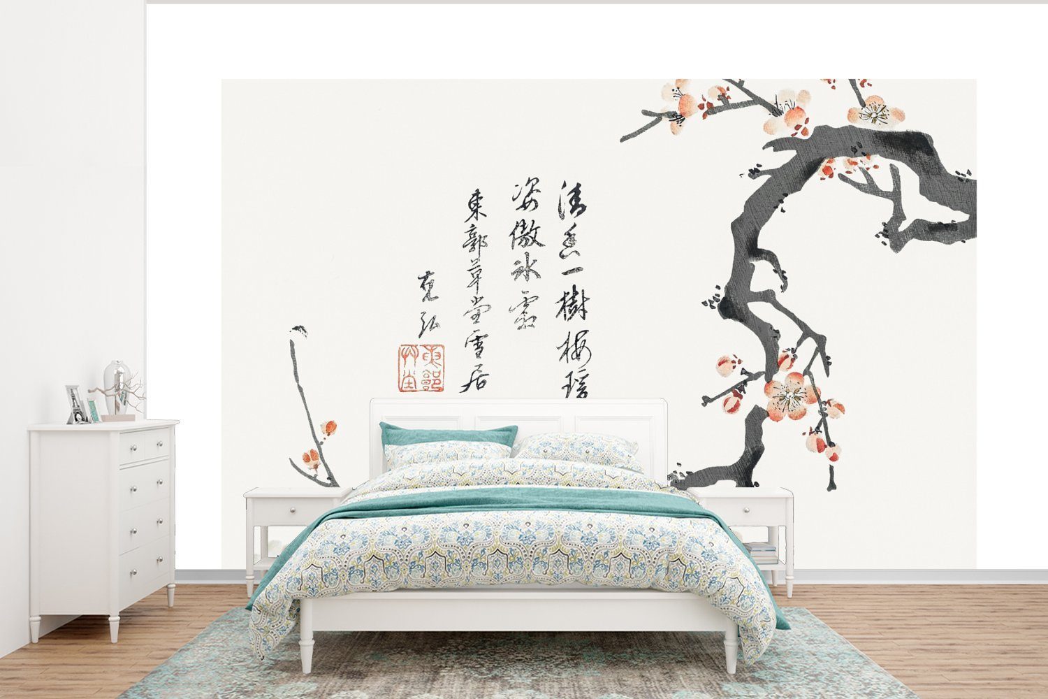 MuchoWow Fototapete Sakura - Blumen - Japanisch, Matt, bedruckt, (6 St), Wallpaper für Wohnzimmer, Schlafzimmer, Kinderzimmer, Vinyl Tapete