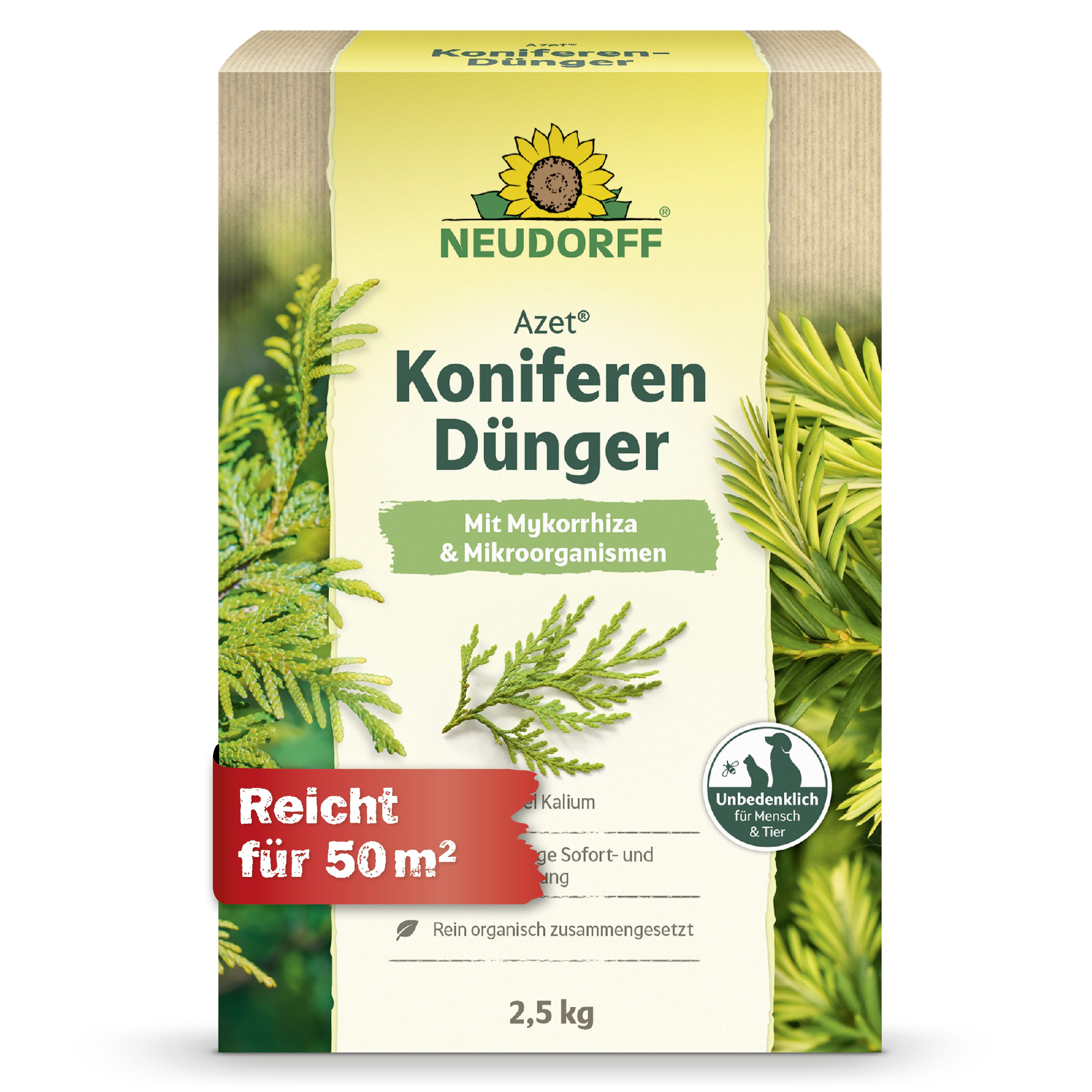 Neudorff Rasendünger Bio - Azet KoniferenDünger 2,5 kg, Für kräftigen Neuaustrieb und sattes Grün, Bis zu 100 Tage Nährstoffversorgung für Koniferen, Mit Mykorrhiza & Mikroorganismen für kräftigen Neuaustrieb