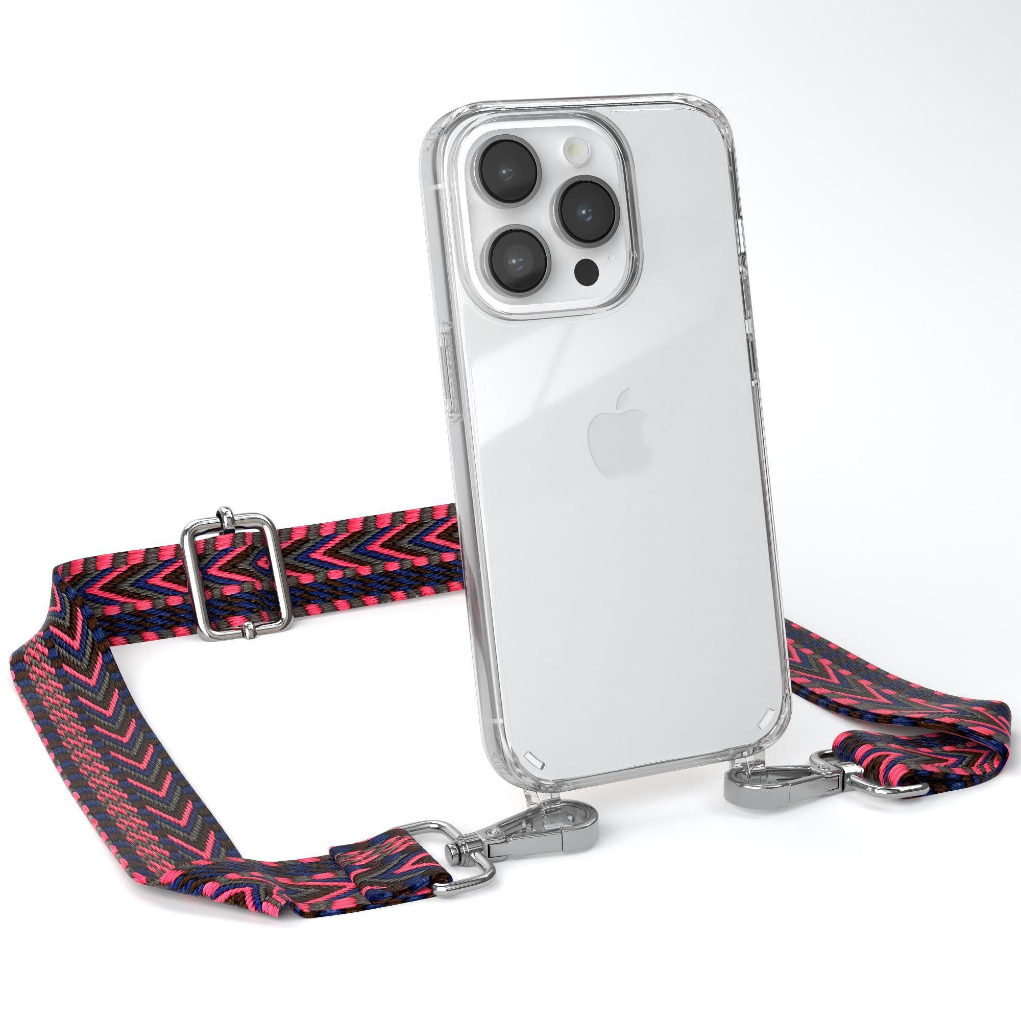 EAZY CASE Handykette Boho Umhängeband für Apple iPhone 14 Pro 6,1 Zoll, Verstellbarer Trageriemen mit Case transparent DIY Gürteltasche Pink