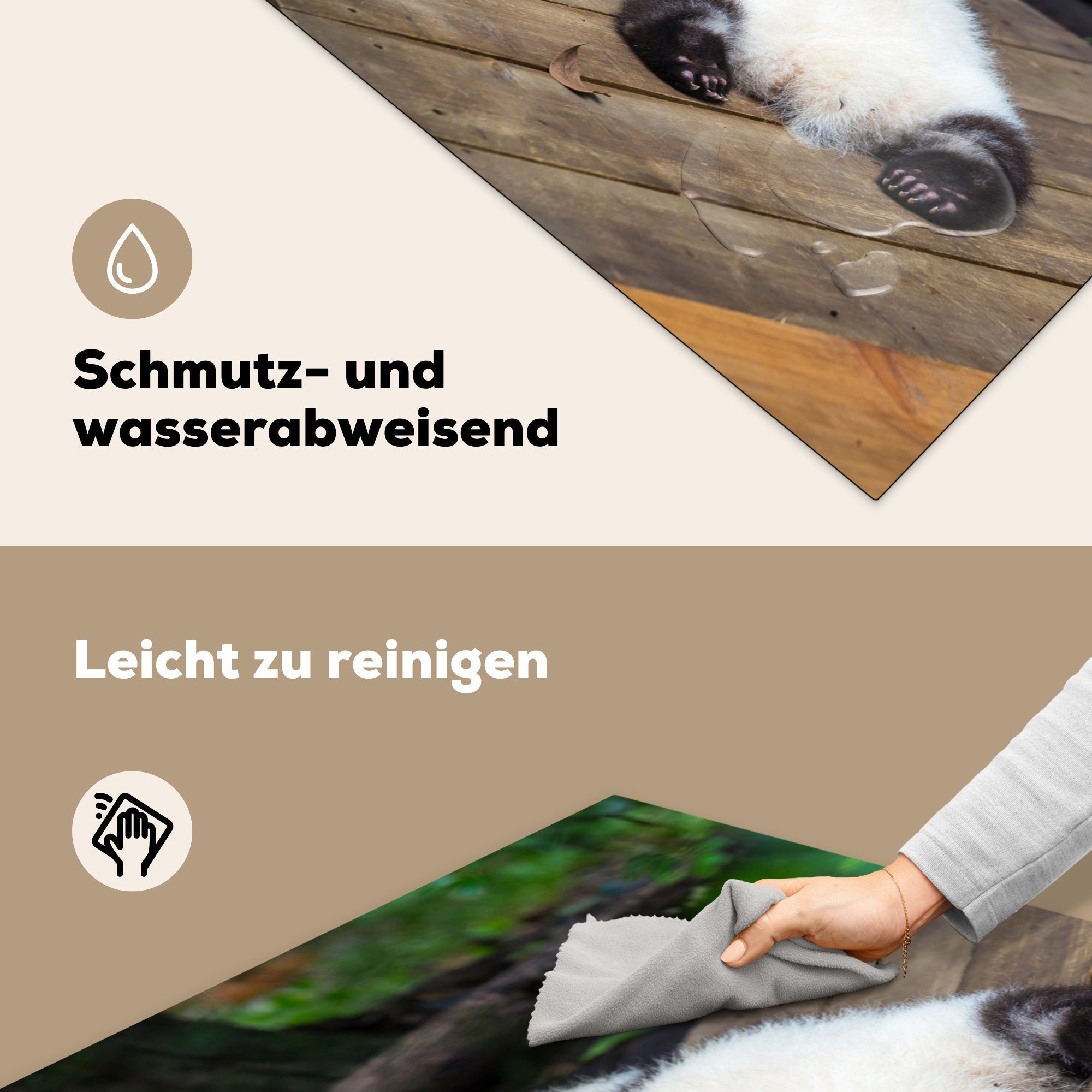 Vinyl, Ceranfeldabdeckung, Tiere, - Arbeitsplatte Panda tlg), für küche 78x78 - Herdblende-/Abdeckplatte cm, (1 Holz MuchoWow