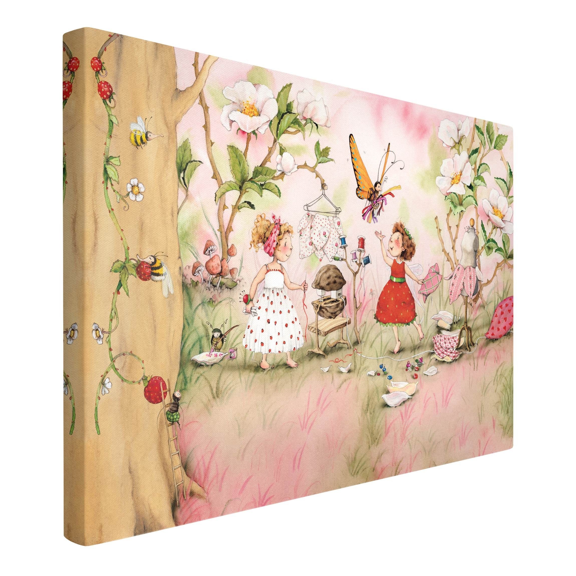 Leinwandbild Wald Aquarell Erdbeerinchen Erdbeerfee rosa bunt Bild auf Leinwand XXL